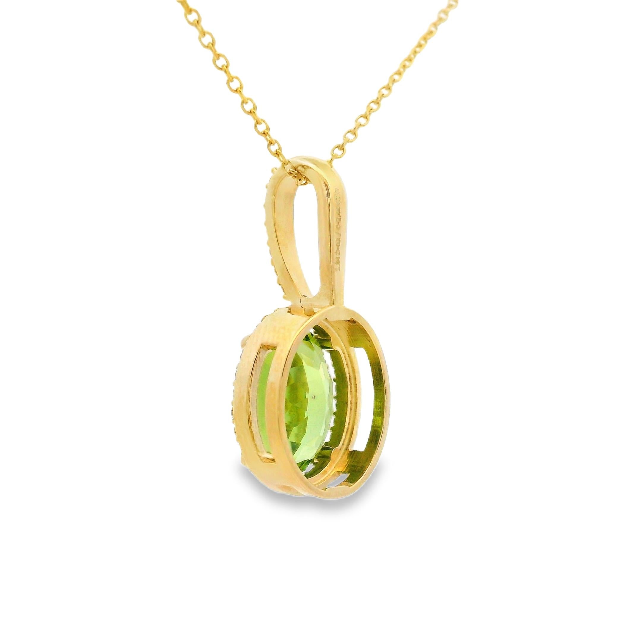 Oval Cut 2.40 Carat Oval Peridot and Diamond Pendant in 14K Yellow Gold For Sale