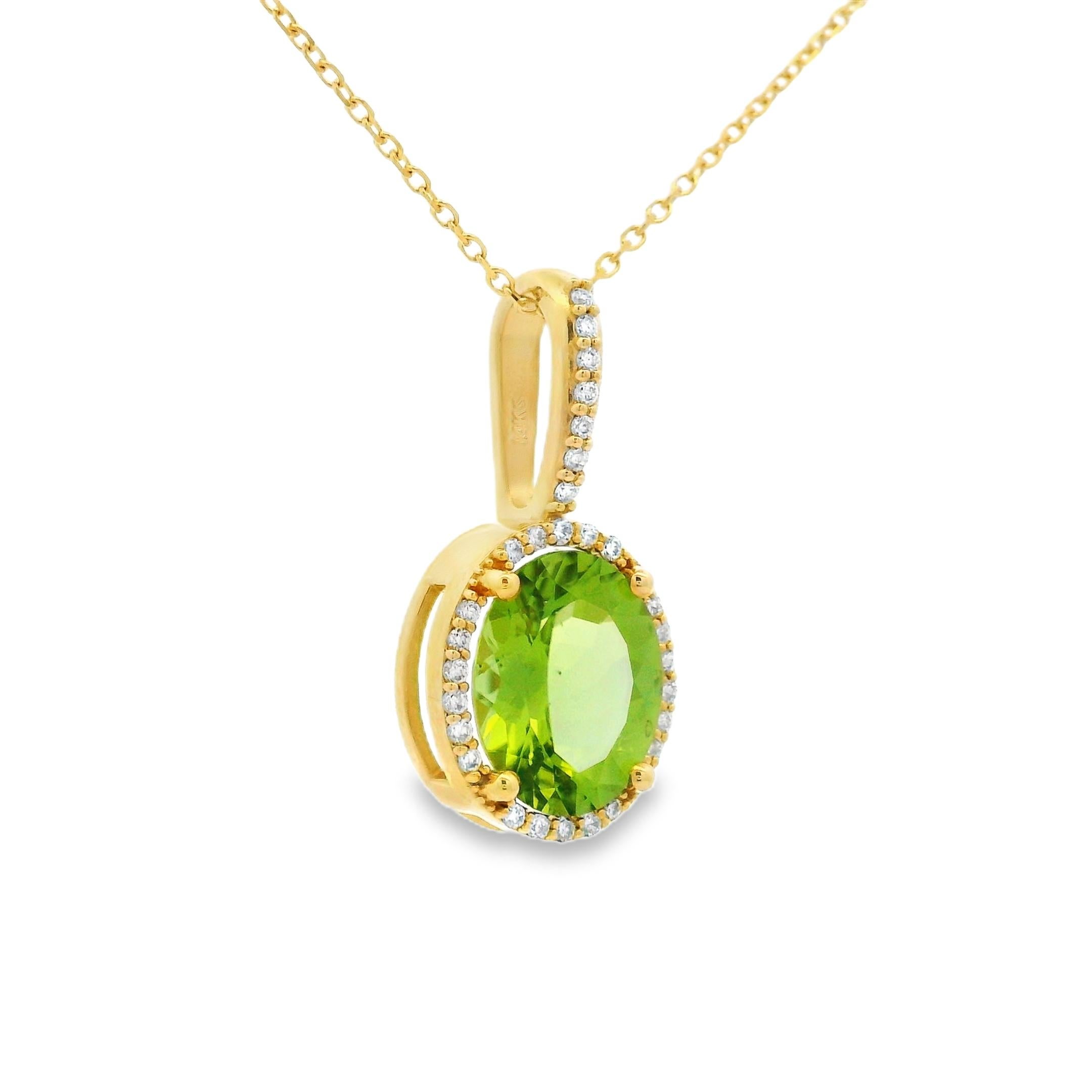 2.40 Carat Oval Peridot and Diamond Pendant in 14K Yellow Gold For Sale 1