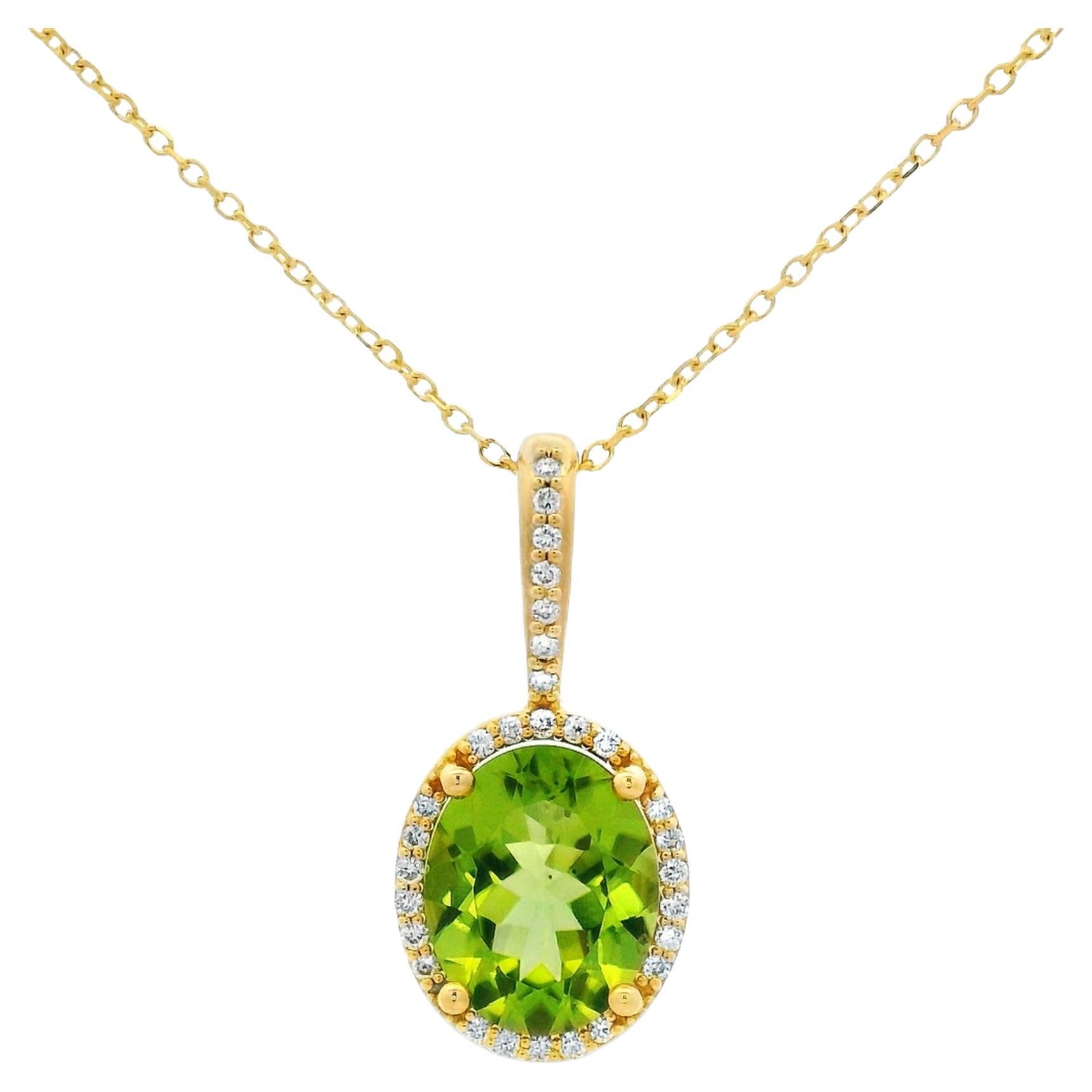 2.40 Carat Oval Peridot and Diamond Pendant in 14K Yellow Gold
