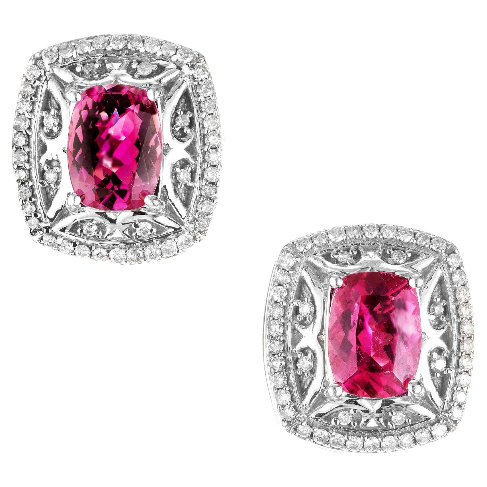 2.40 Carat Oval Pink Tourmaline Diamond Halo White Gold Earrings For Sale