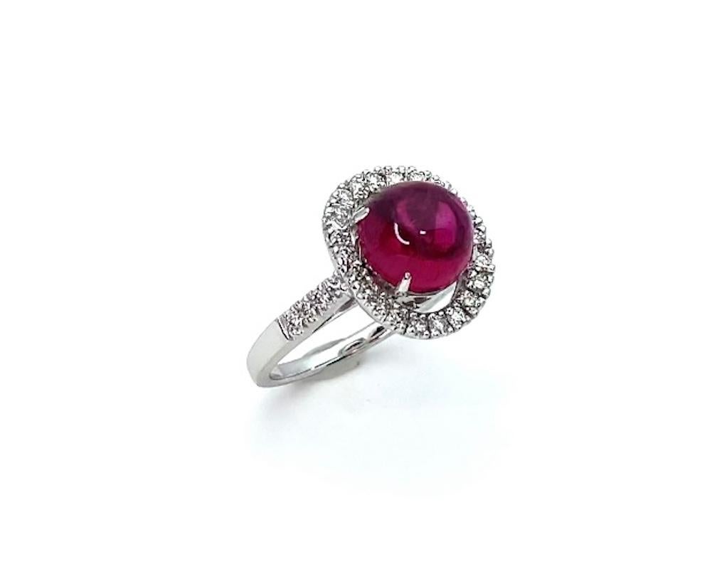 Artisan 3.55 Carat Pink Tourmaline Cabochon, Diamond Halo & 18k White Gold Cocktail Ring