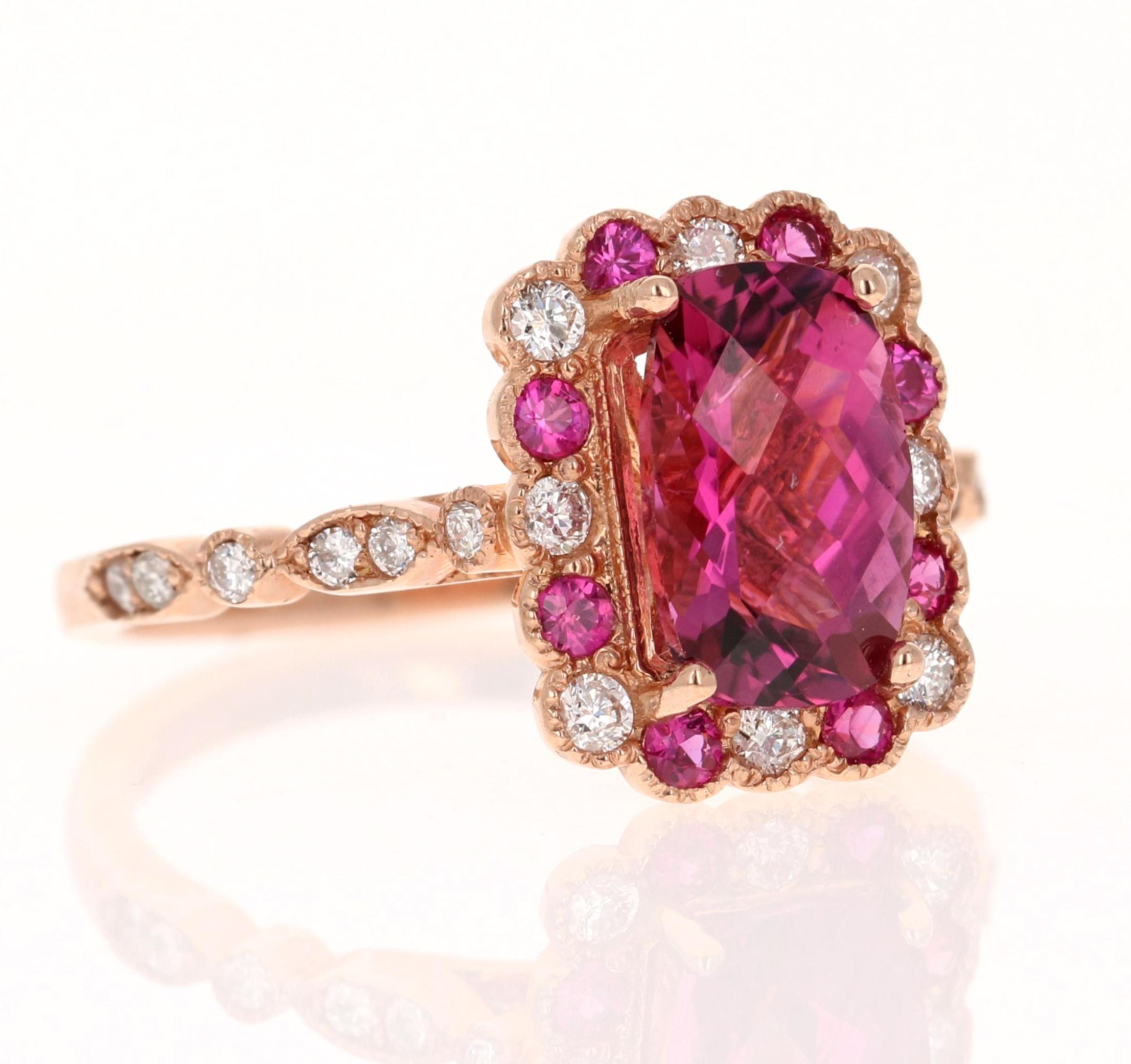 Pretty and dainty Tourmaline, Diamond and Sapphire ring that can transform into a unique proposal ring!
2.40 Carat Tourmaline Diamond Sapphire 14K Rose Gold Bridal Ring

Item Specs.:

Elongated Cushion Cut Tourmaline: 1.91 cts.
20 Round Cut