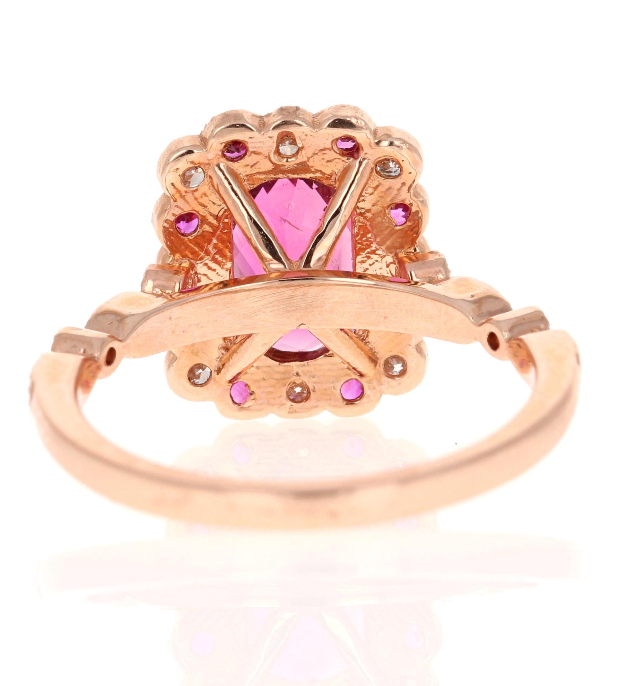 Contemporary 2.40 Carat Pink Tourmaline Diamond Sapphire Rose Gold Bridal Ring For Sale