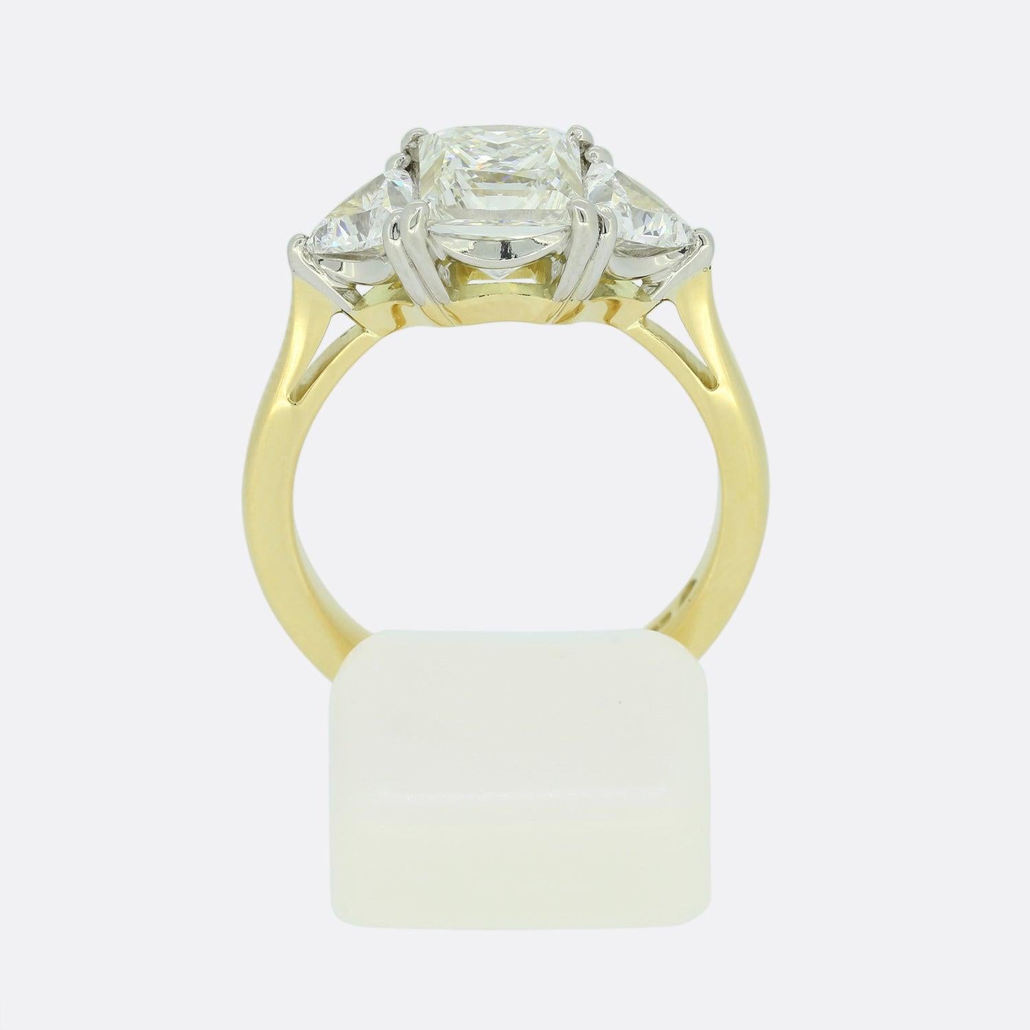 Princess Cut 2.40 Carat Princess and Trillion Cut Diamond Three Stone Ring