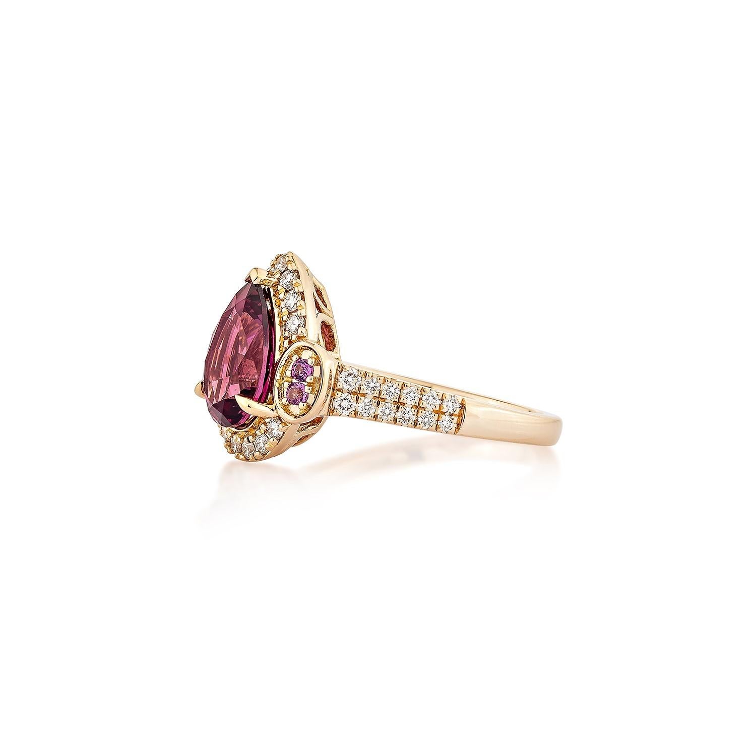 Pear Cut Sunita Nahata 2.40 Carat Rhodolite Fancy Ring in 18KRG with White Diamond. For Sale