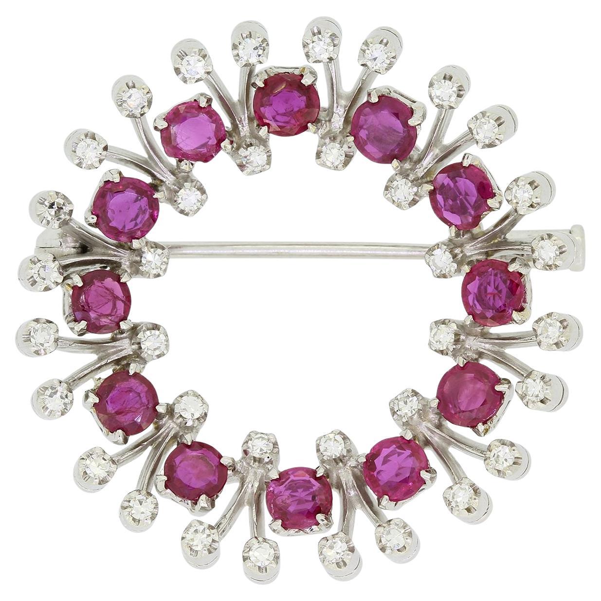 2.40 Carat Ruby and Diamond Circular Brooch