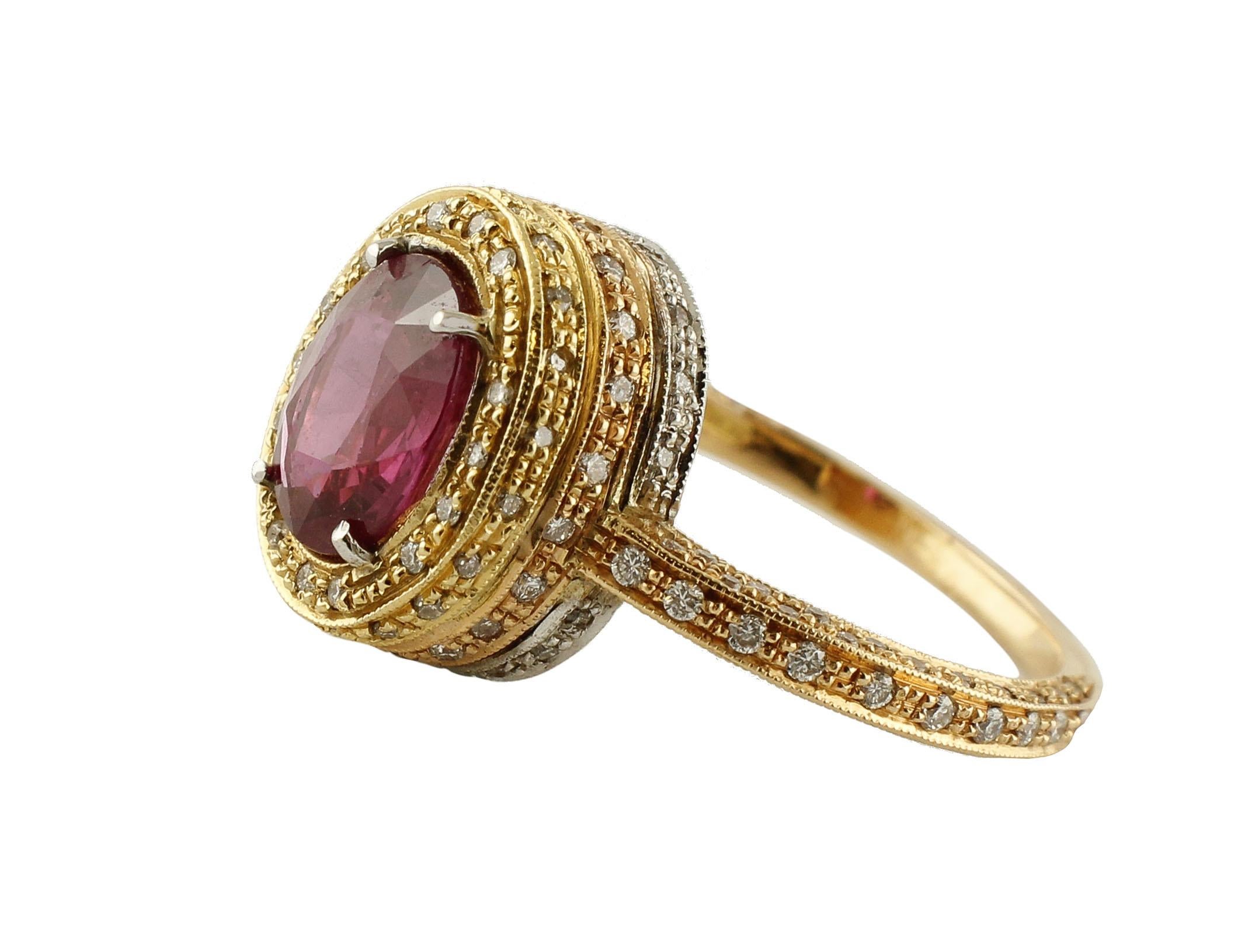Retro 2.40 Carat Ruby, Diamonds, White Yellow and Rose Gold Solitaire Ring