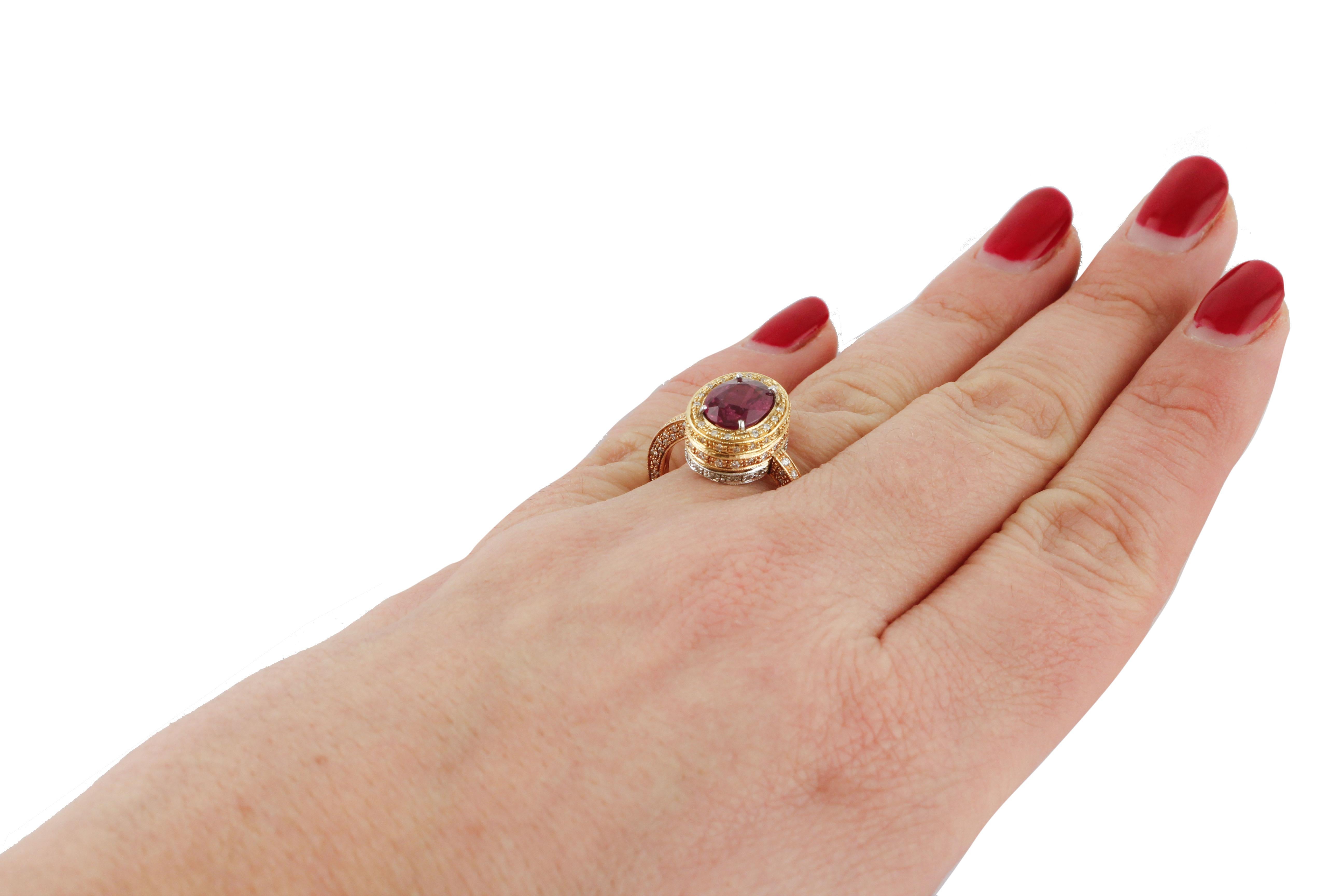 2.40 Carat Ruby, Diamonds, White Yellow and Rose Gold Solitaire Ring 2