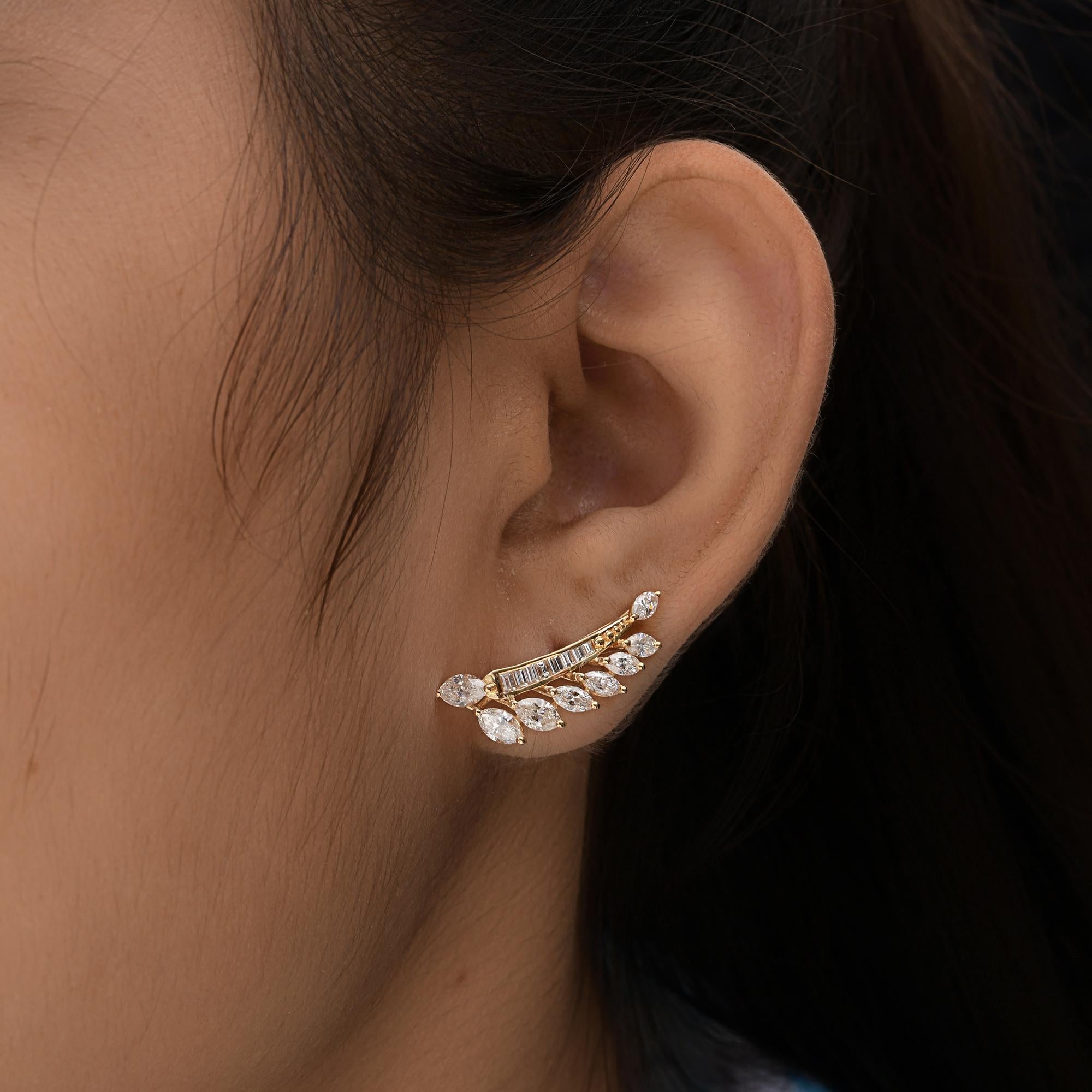 Modern 2.40 Carat SI/H Marquise Baguette Diamond Earrings 18 Karat Yellow Gold Jewelry For Sale