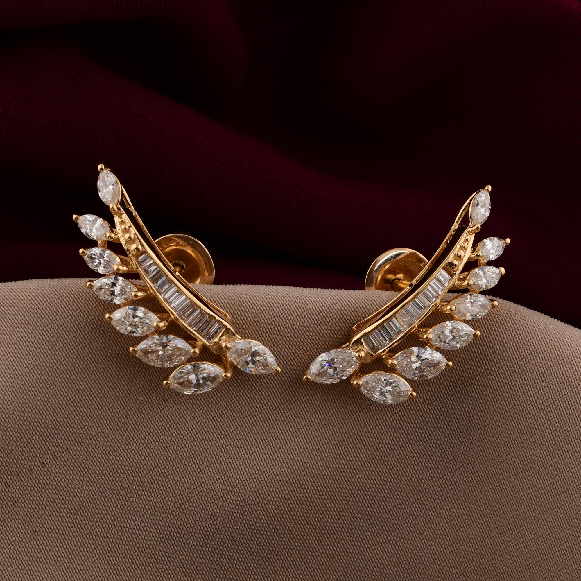 Baguette Cut 2.40 Carat SI/H Marquise Baguette Diamond Earrings 18 Karat Yellow Gold Jewelry For Sale