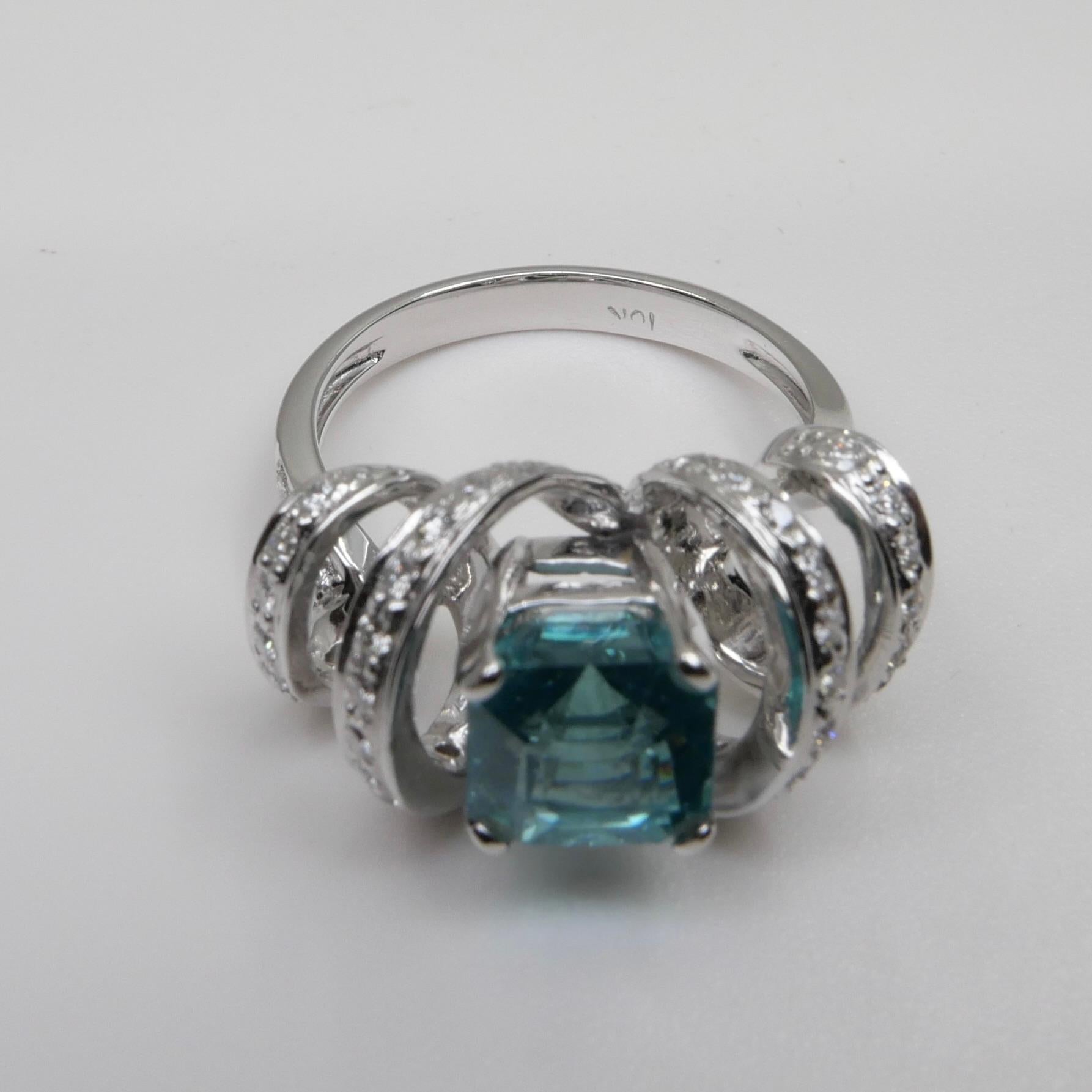 2.40 Carat Step Cut Apatite & Diamond Ring, Balances Emotions and Chakras For Sale 4