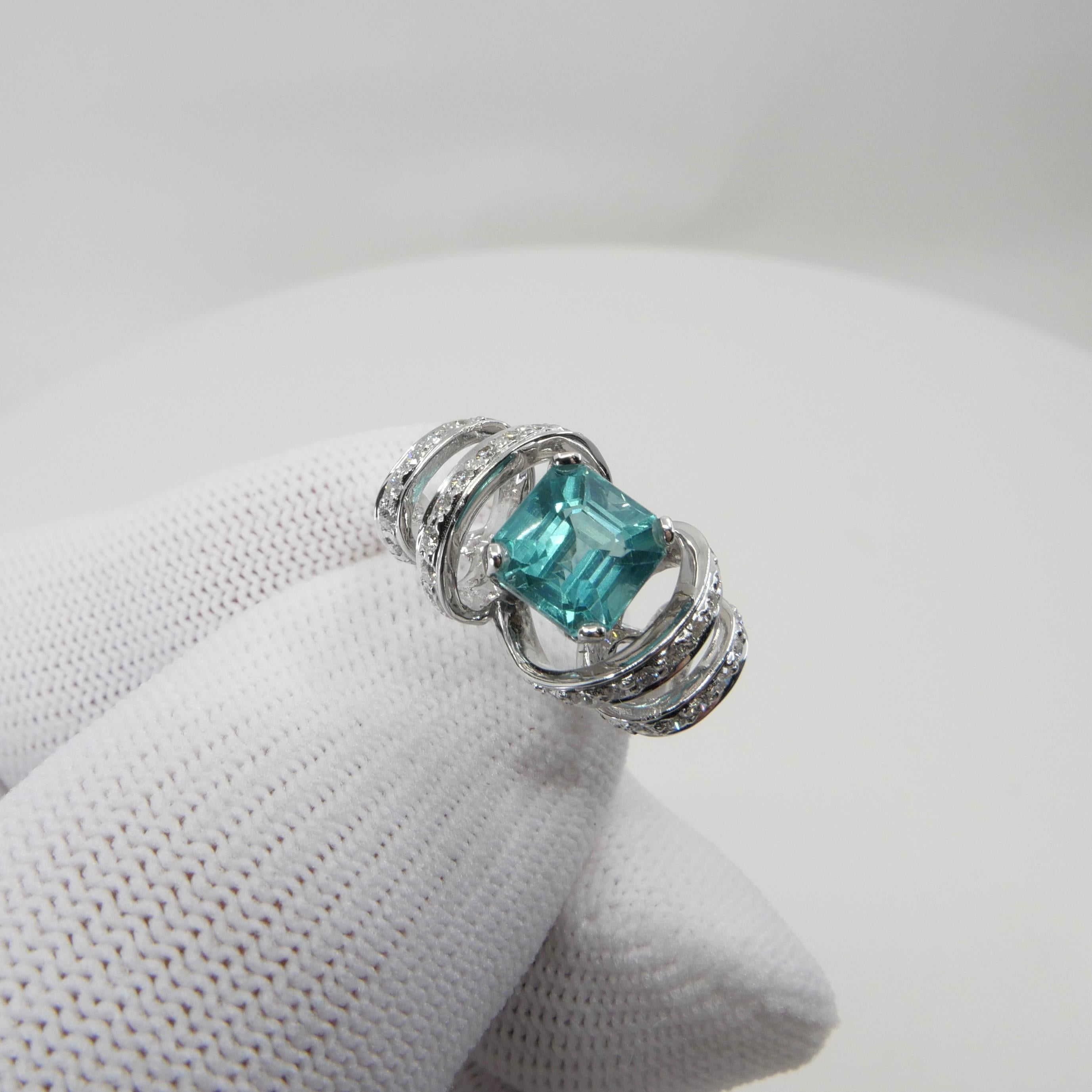 Cabochon 2.40 Carat Step Cut Apatite & Diamond Ring, Balances Emotions and Chakras For Sale