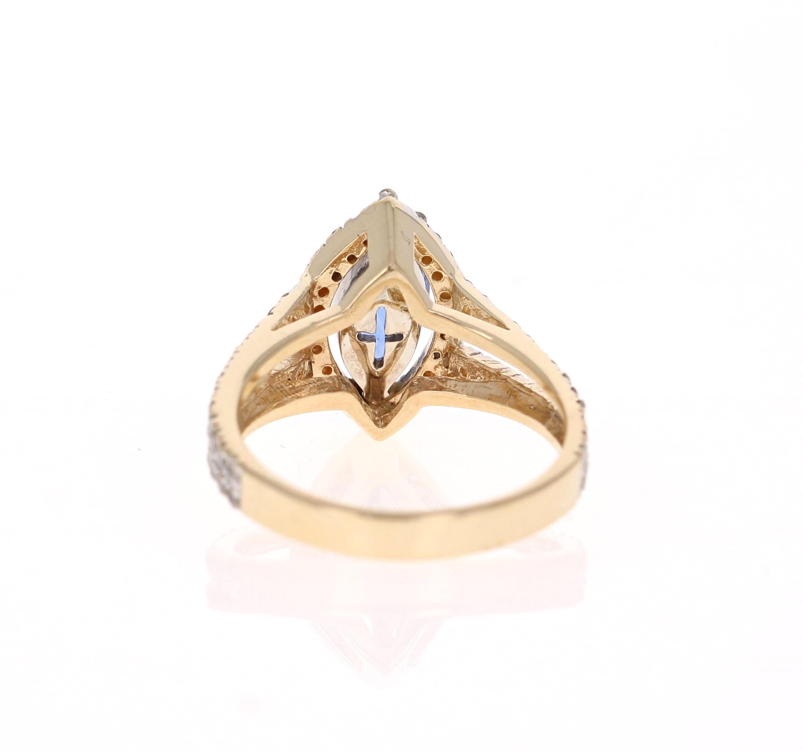 Contemporary 2.40 Carat Tanzanite Diamond 14 Karat Yellow Gold Bridal Ring For Sale