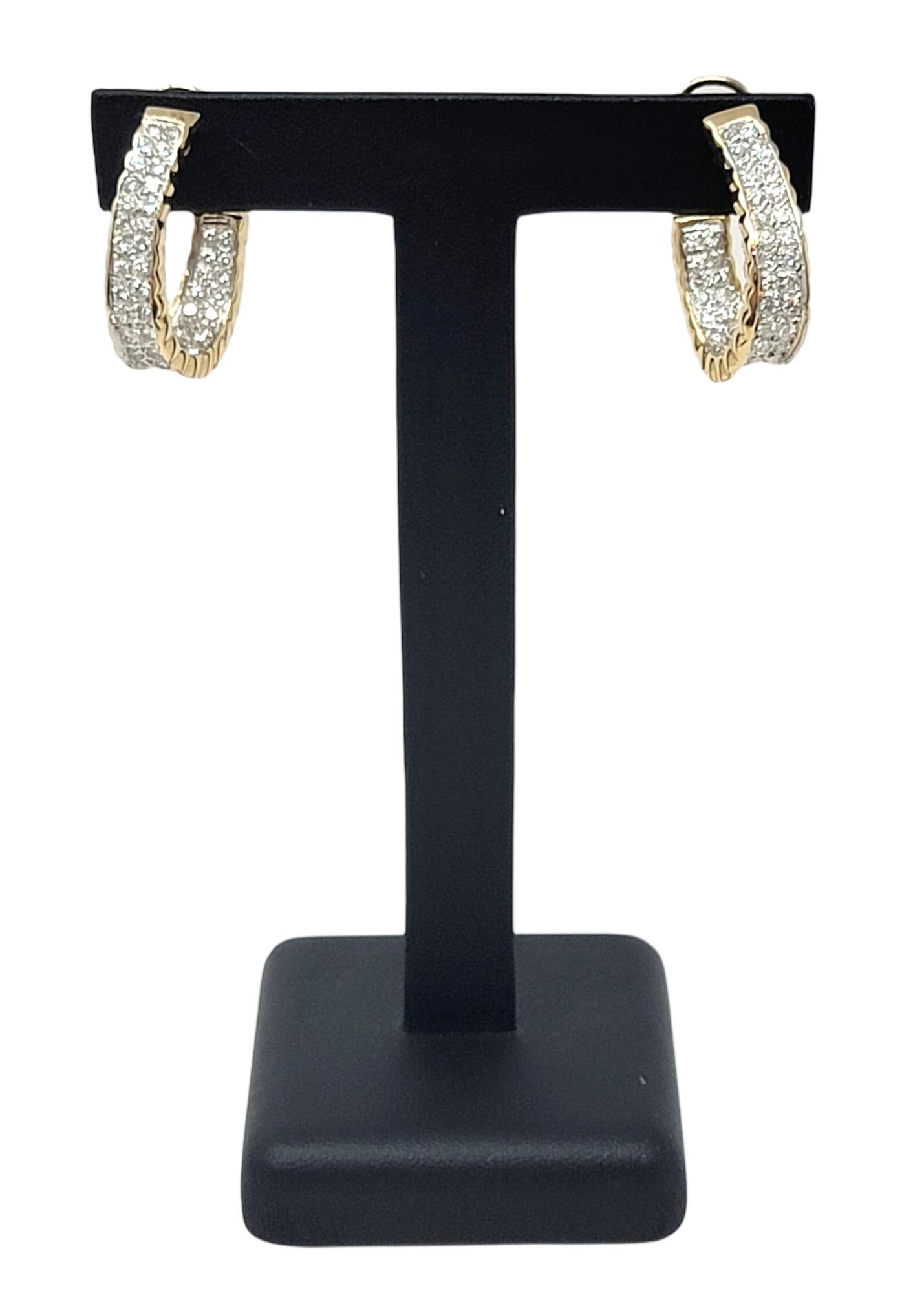 2.40 Carat Total Round Diamond Inside/Outside Half Hoop 14 Karat Gold Earrings For Sale 1