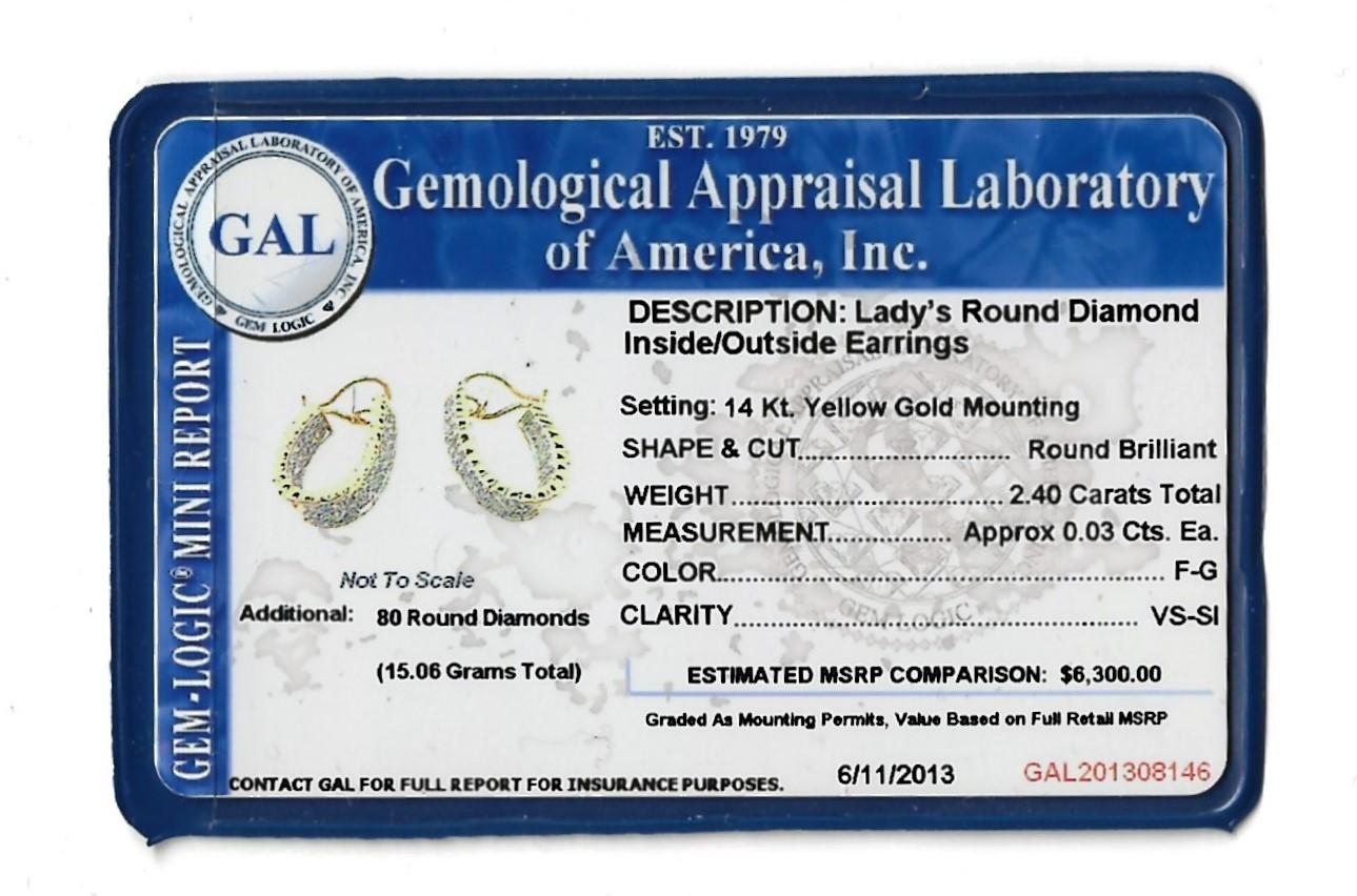 2.40 Carat Total Round Diamond Inside/Outside Half Hoop 14 Karat Gold Earrings For Sale 2