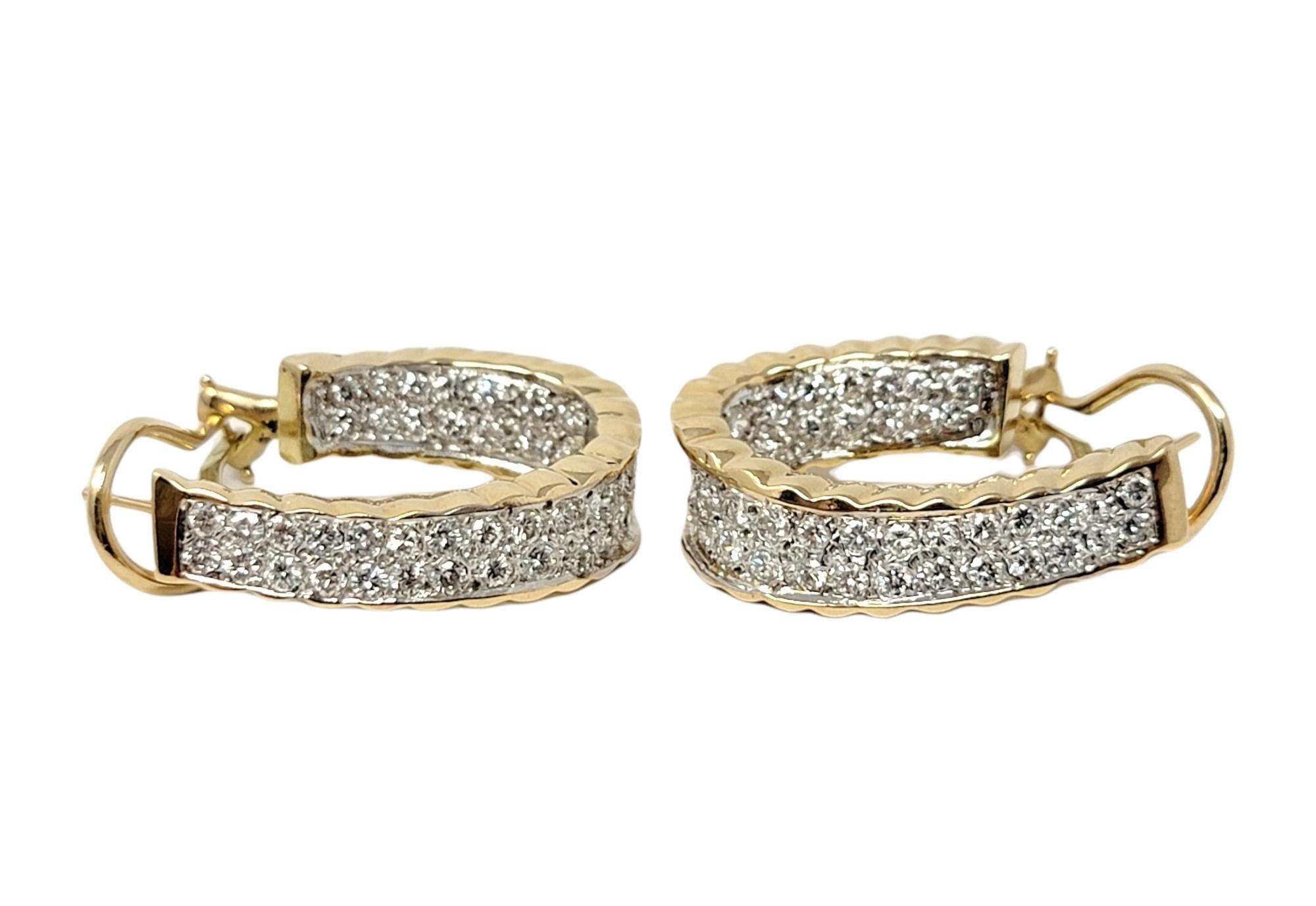 Contemporary 2.40 Carat Total Round Diamond Inside/Outside Half Hoop 14 Karat Gold Earrings For Sale