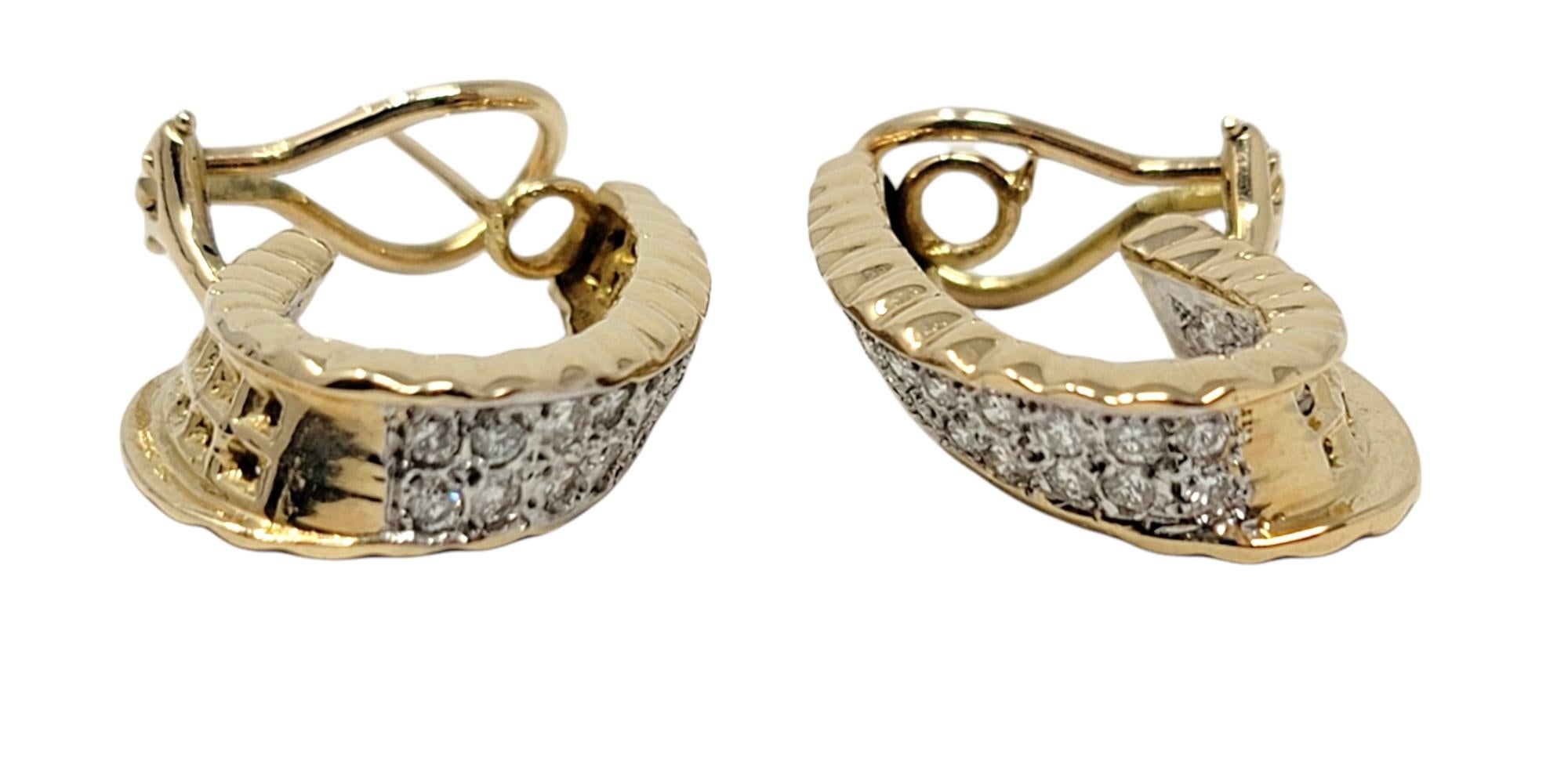 Round Cut 2.40 Carat Total Round Diamond Inside/Outside Half Hoop 14 Karat Gold Earrings For Sale