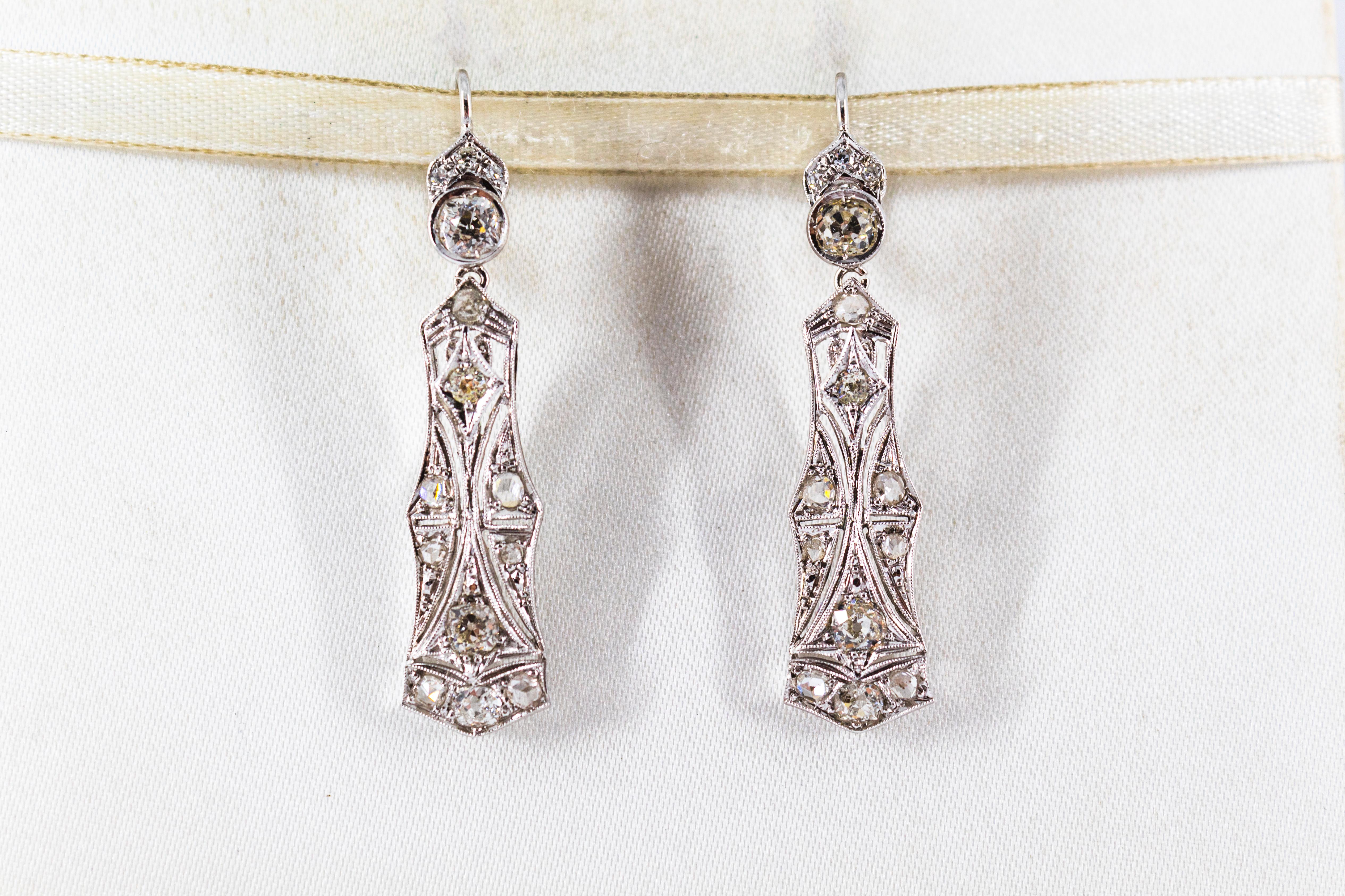 These Earrings are made of 18K White Gold.
These Earrings have 2.40 Carats of White Old European Cut Diamonds and White Rose Cut Diamonds.
These Earrings are inspired by Renaissance Style.
All our Earrings have pins for pierced ears but we can