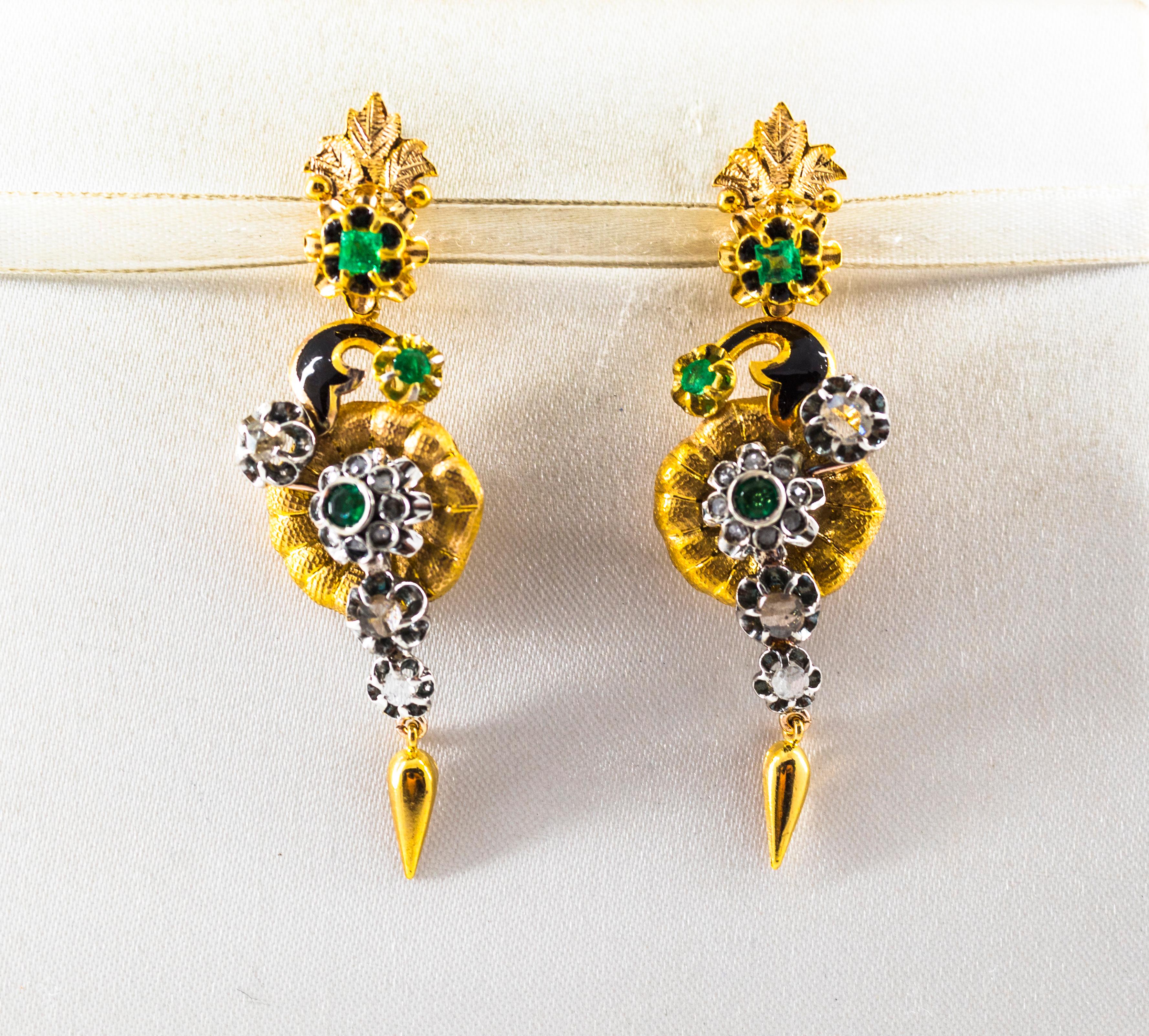 These Earrings are made of 9K Yellow Gold and Sterling Silver.
These Earrings have 1.10 Carats of White Rose Cut Diamonds.
These Earrings have 1.30 Carats of Emeralds.
These Earrings have also Black Enamel.
All our Earrings have pins for pierced