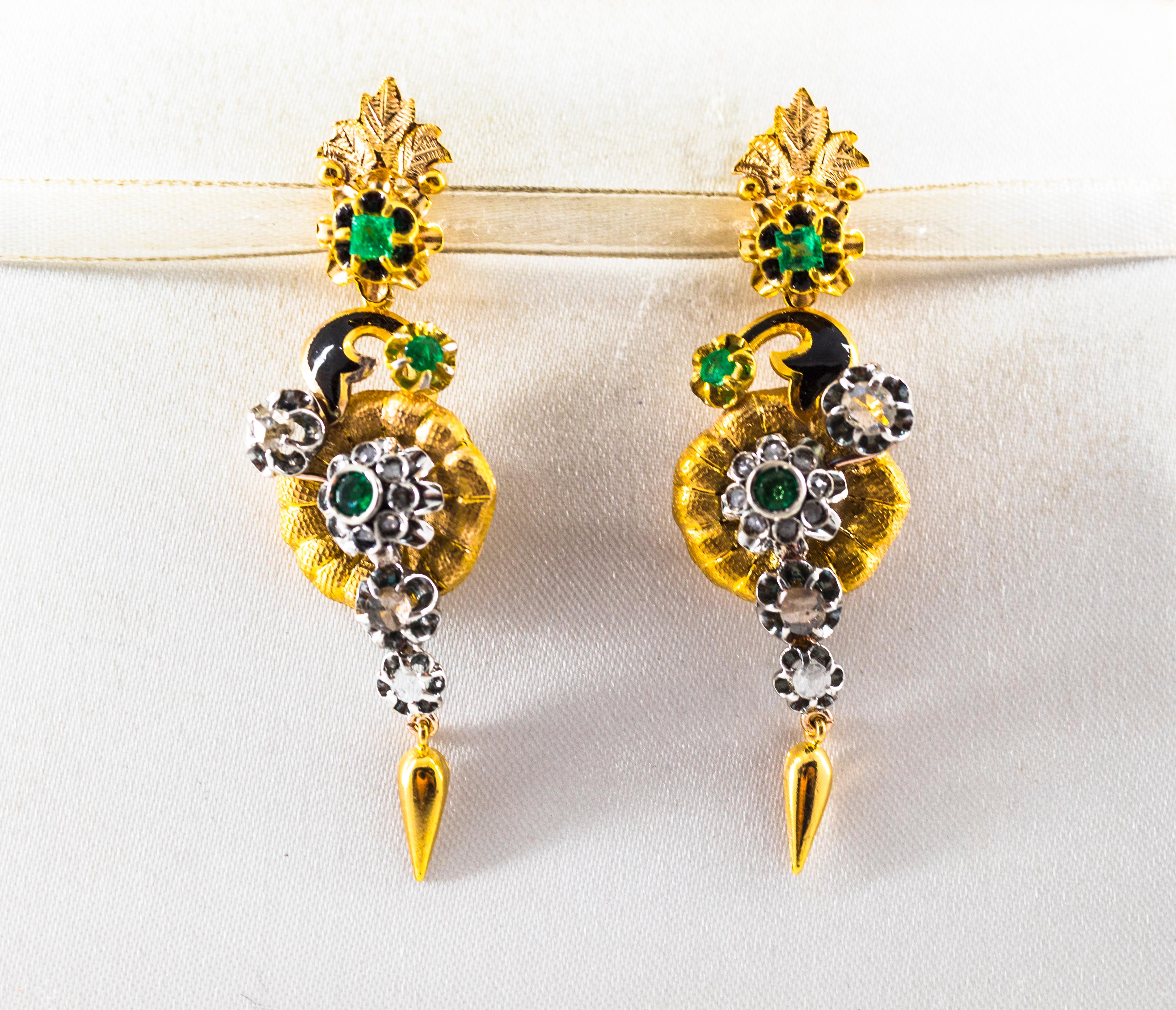 Art Nouveau 2.40 Carat White Rose Cut Diamond Emerald Enamel Yellow Gold Flowers Earrings