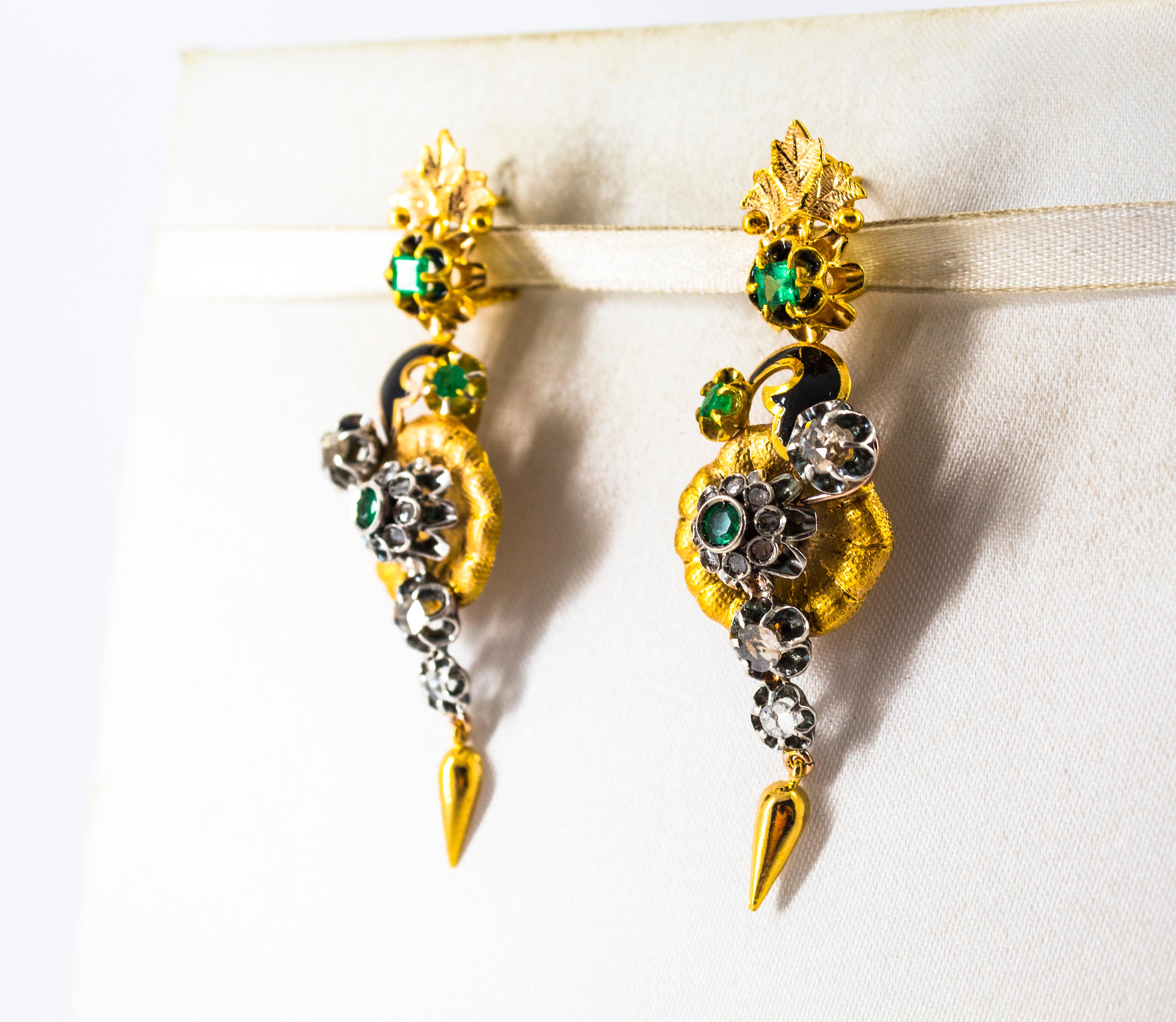 2.40 Carat White Rose Cut Diamond Emerald Enamel Yellow Gold Flowers Earrings In New Condition In Naples, IT