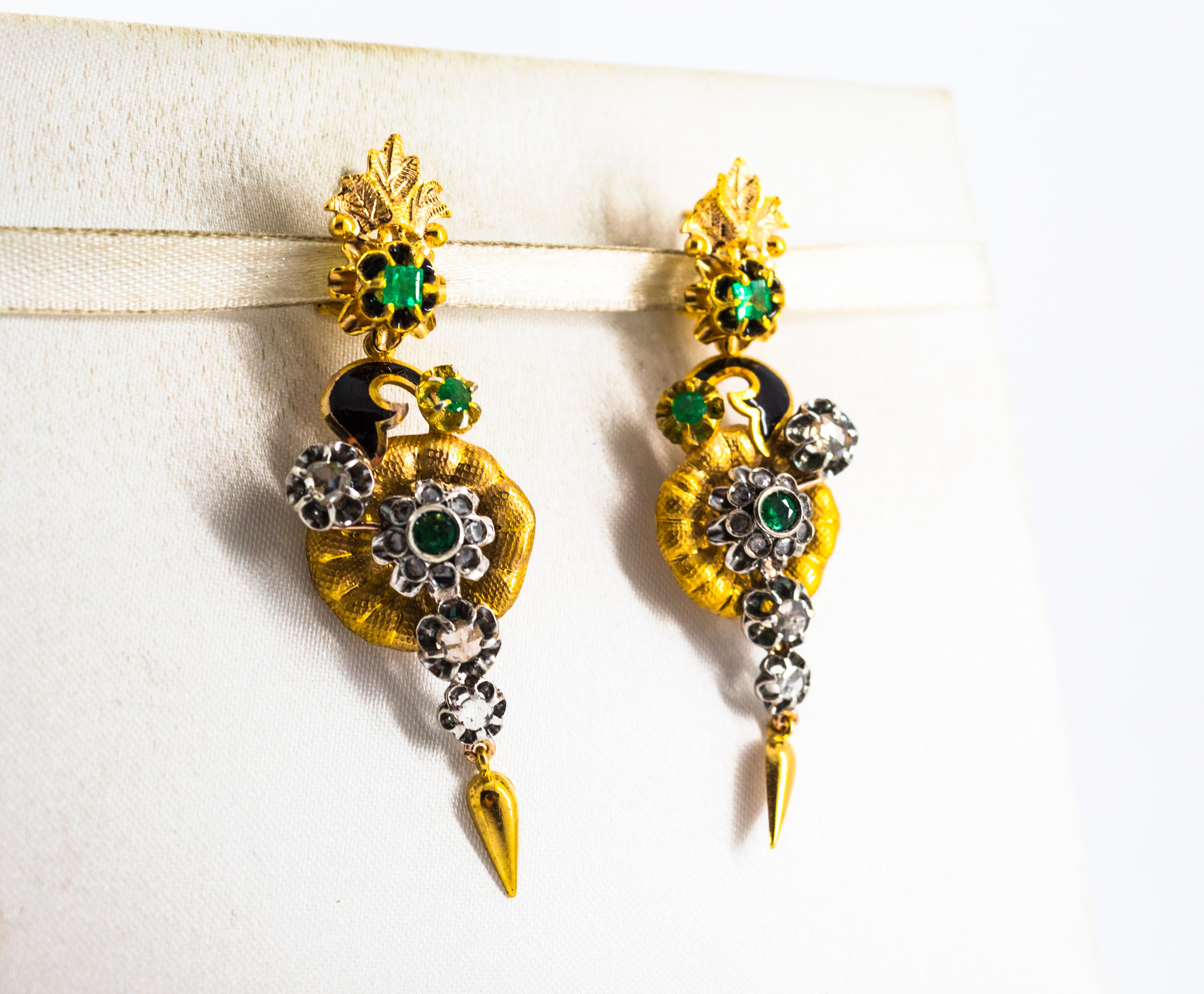 Women's or Men's 2.40 Carat White Rose Cut Diamond Emerald Enamel Yellow Gold Flowers Earrings