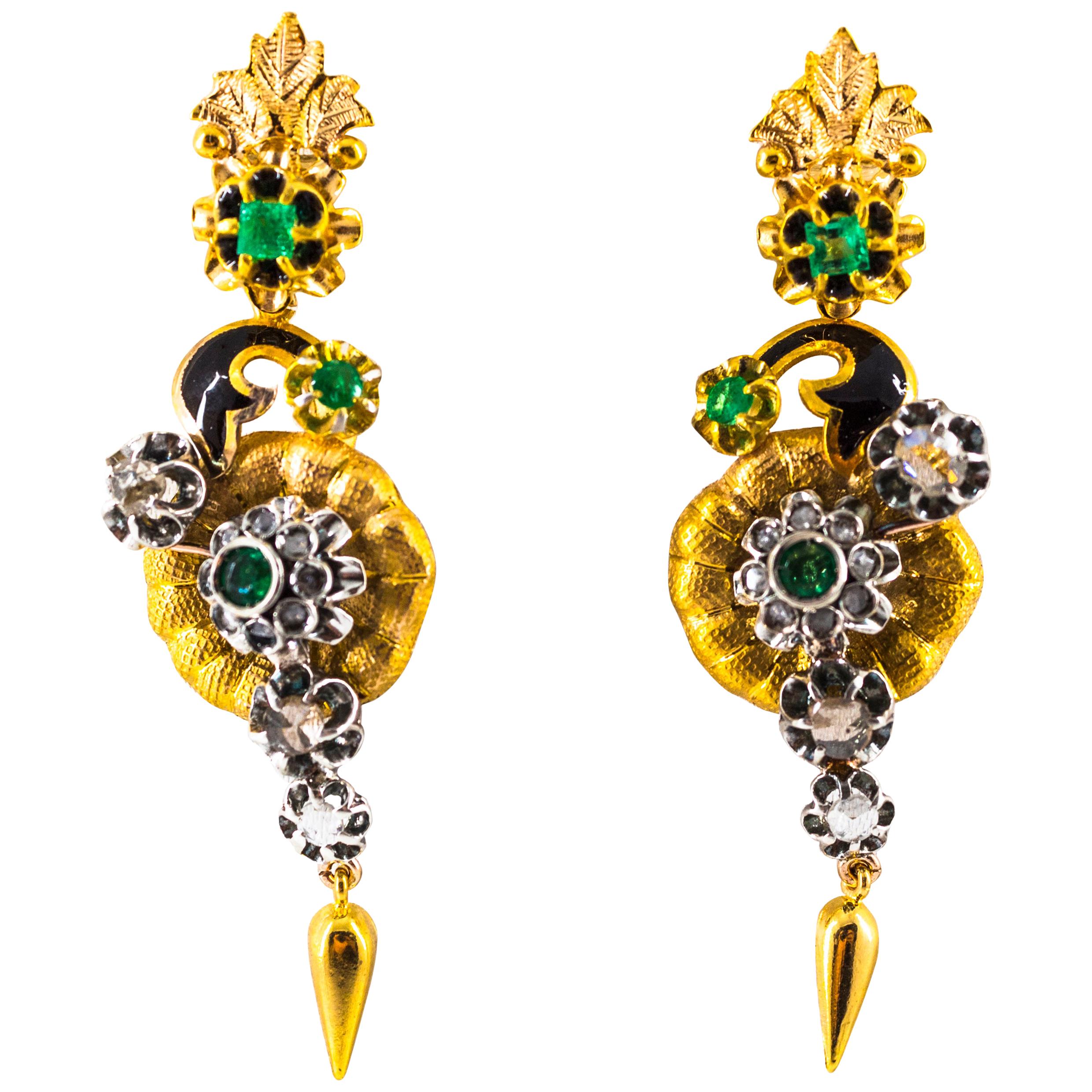 2.40 Carat White Rose Cut Diamond Emerald Enamel Yellow Gold Flowers Earrings