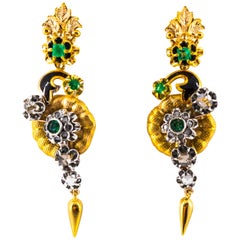 2.40 Carat White Rose Cut Diamond Emerald Enamel Yellow Gold Flowers Earrings