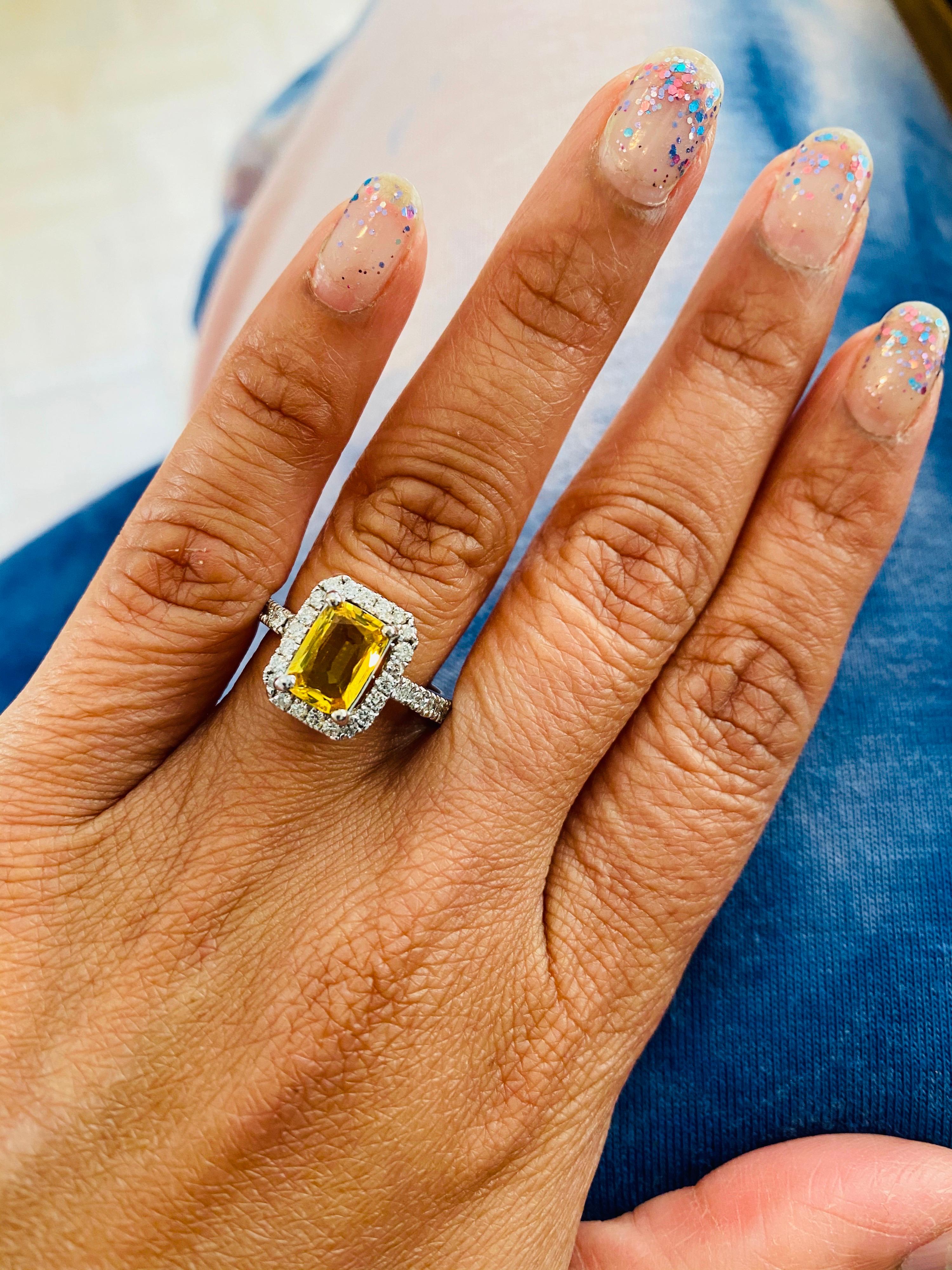 Contemporary 2.40 Carat Yellow Sapphire Diamond Halo Ring 14 Karat White Gold