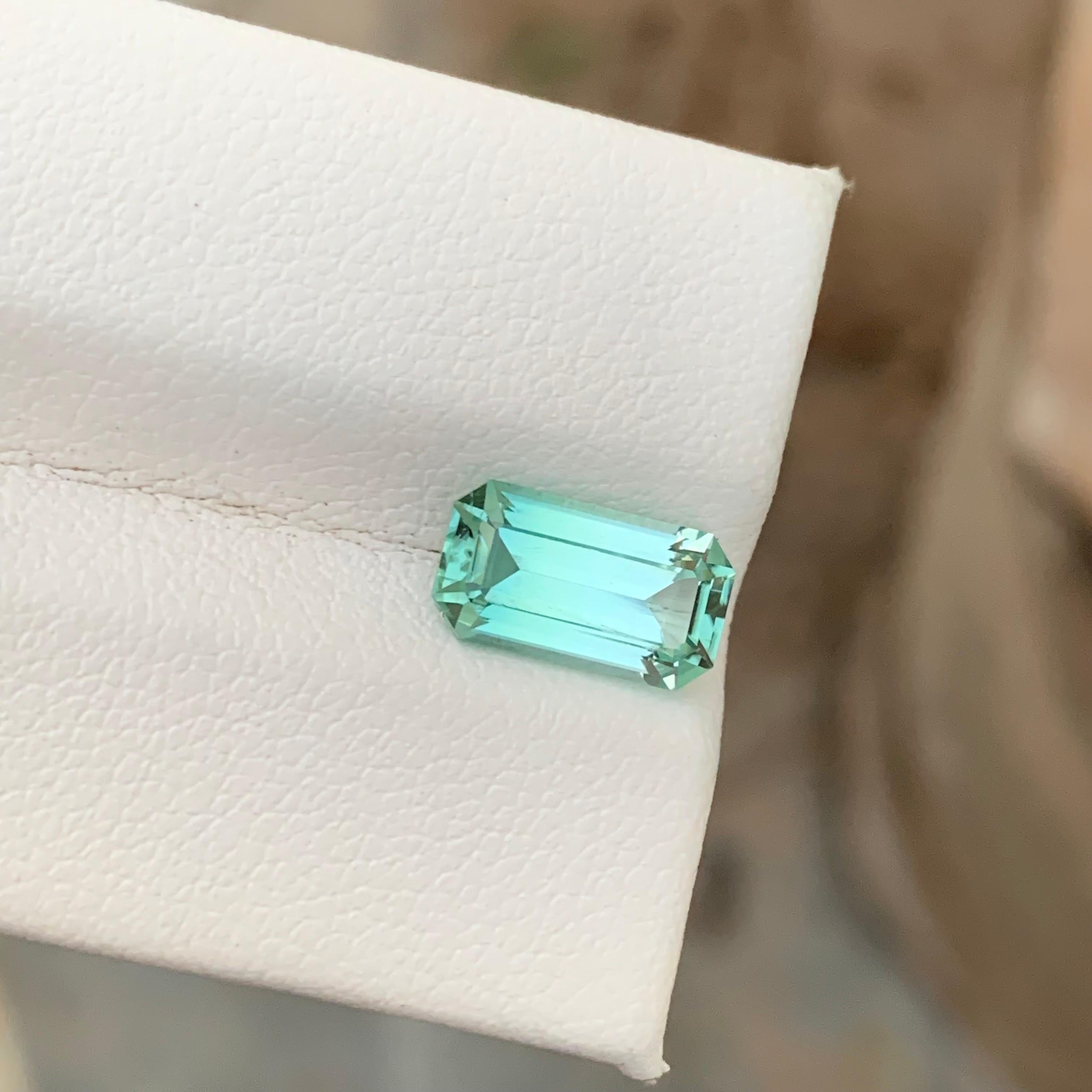 Loose Tourmaline 
Weight: 2.40 Carats 
Dimension:10.6x6x4.6 Mm
Origin: Kunar Afghanistan 
Shape: Emerald 
Color: Mint Seafoam
Clarity/Quality: Loupe Clean
Treatment: Non
Certificate: On Customer Demand
Seafoam tourmaline is a captivating and rare