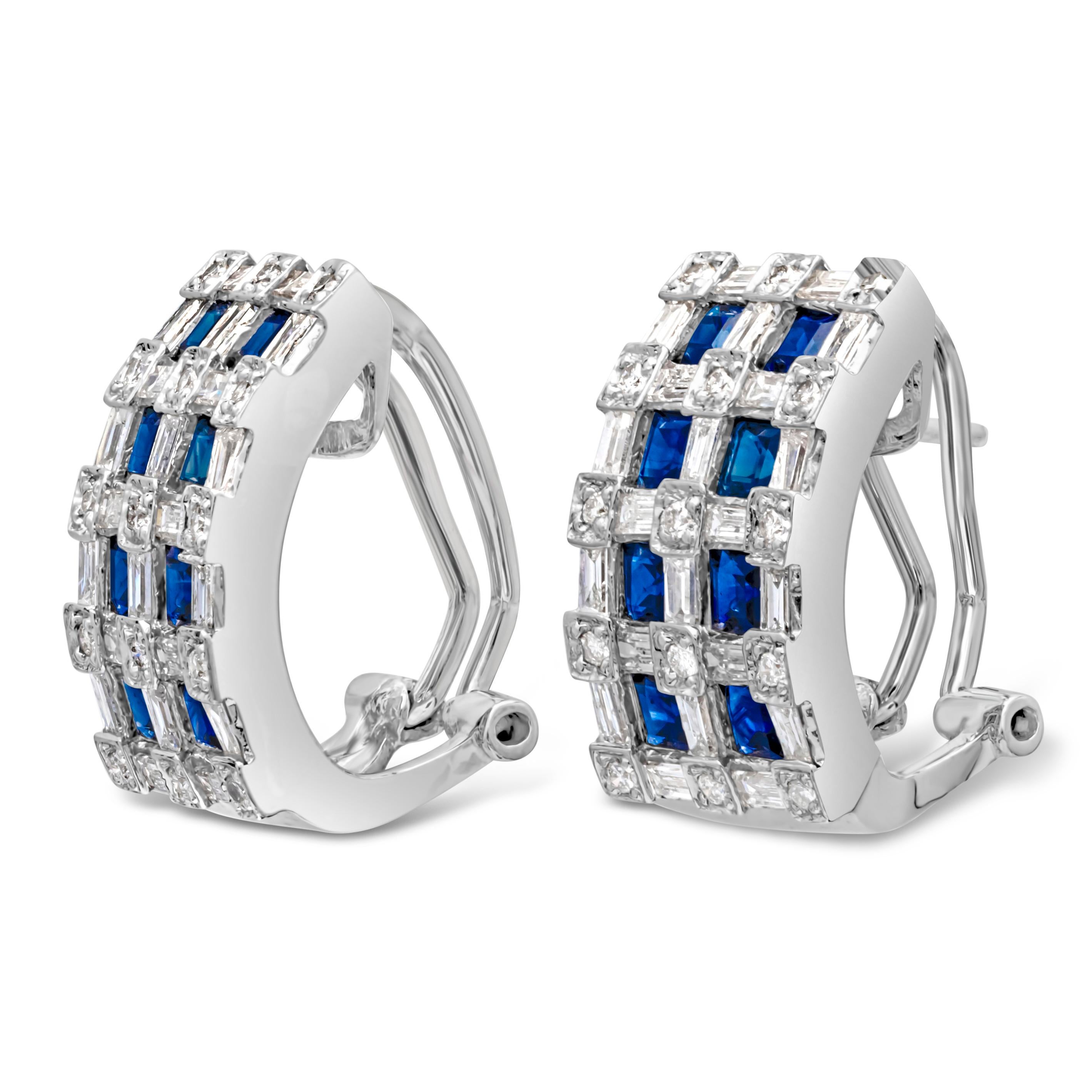 A fashionable and attractive hoop earrings showcasing two rows of 16 asscher cut color-rich blue sapphires weighing 2.40 carats total, encrusted with 74 brilliant mixed cut diamonds weighing 1.50 carats total, G color and SI in clarity. Finely made
