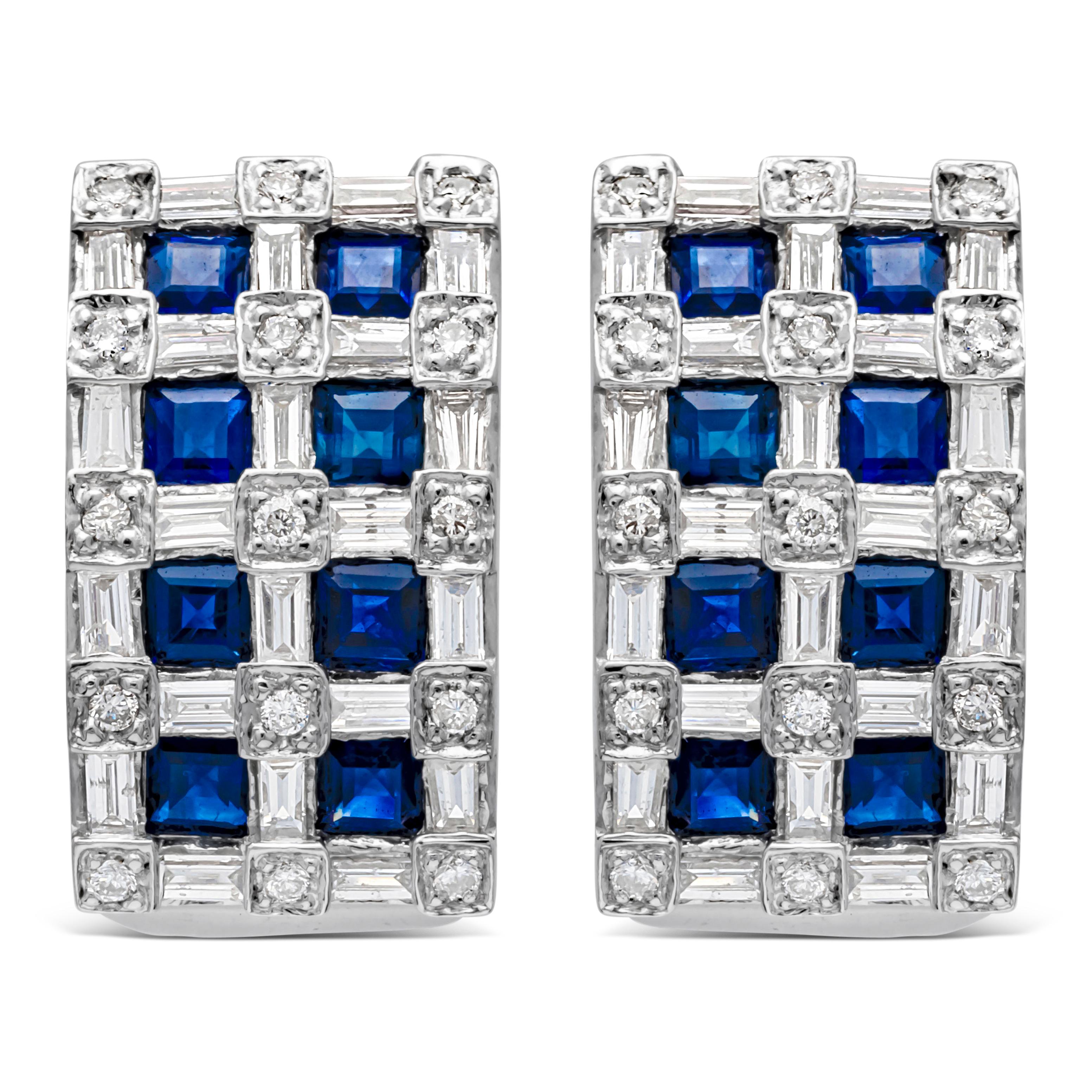Contemporary 2.40 Carats Total Asscher Cut Blue Sapphire with Mixed Cut Diamond Hoop Earrings For Sale