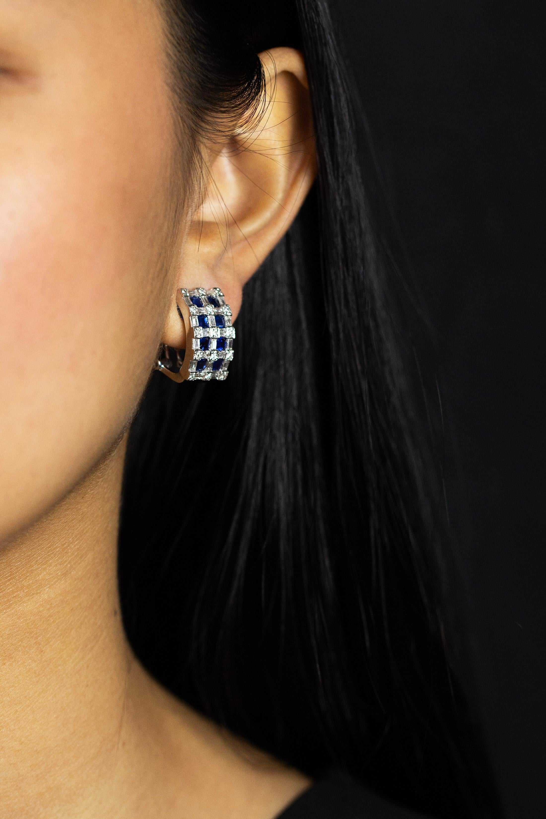 2.40 Carats Total Asscher Cut Blue Sapphire with Mixed Cut Diamond Hoop Earrings In Excellent Condition For Sale In New York, NY