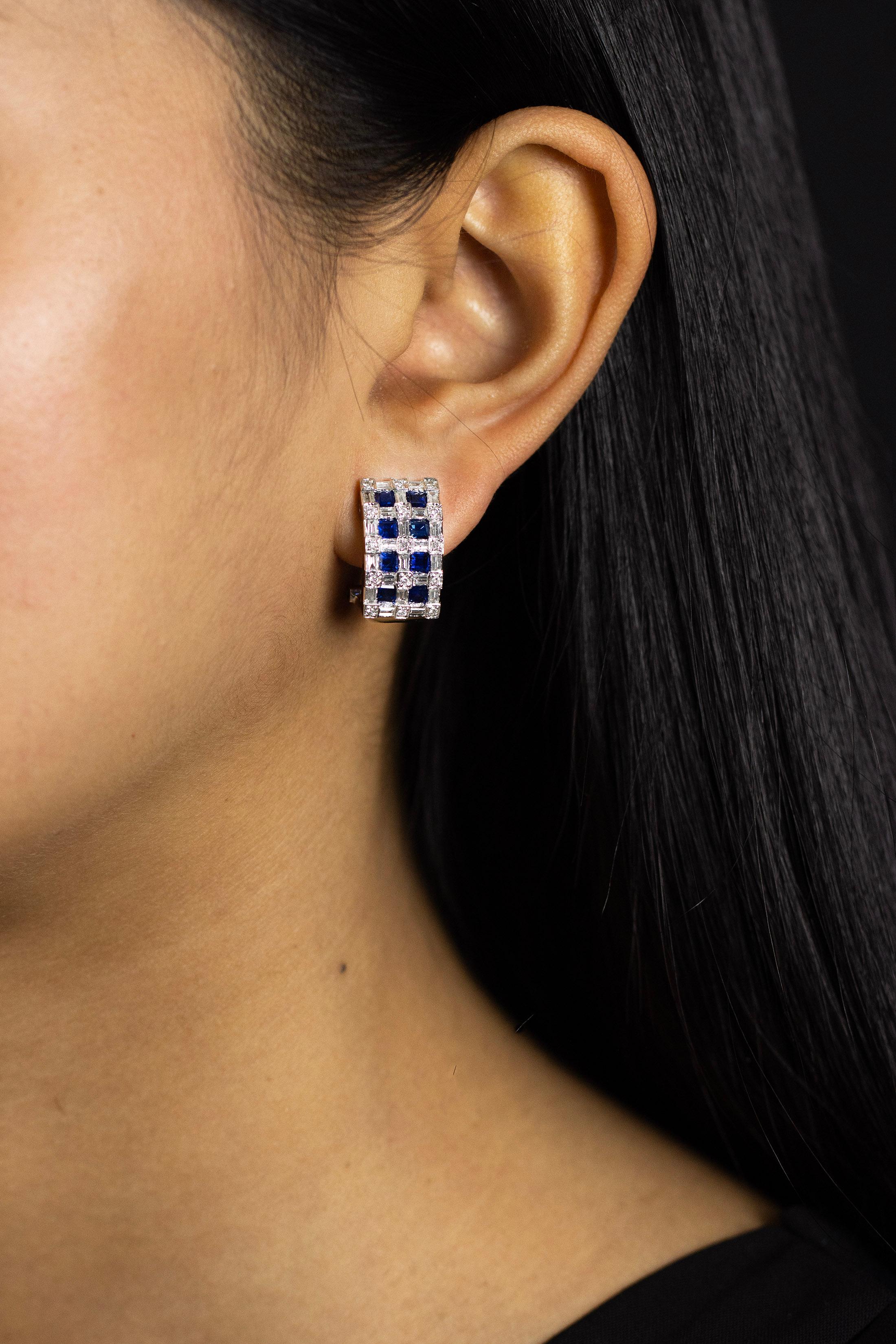 Women's 2.40 Carats Total Asscher Cut Blue Sapphire with Mixed Cut Diamond Hoop Earrings For Sale