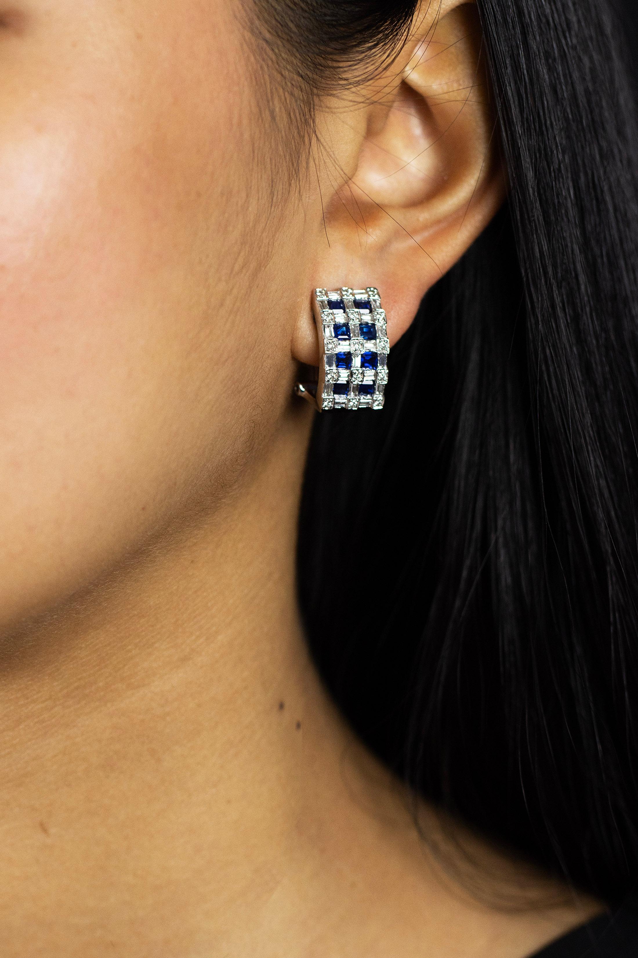 2.40 Carats Total Asscher Cut Blue Sapphire with Mixed Cut Diamond Hoop Earrings For Sale 1