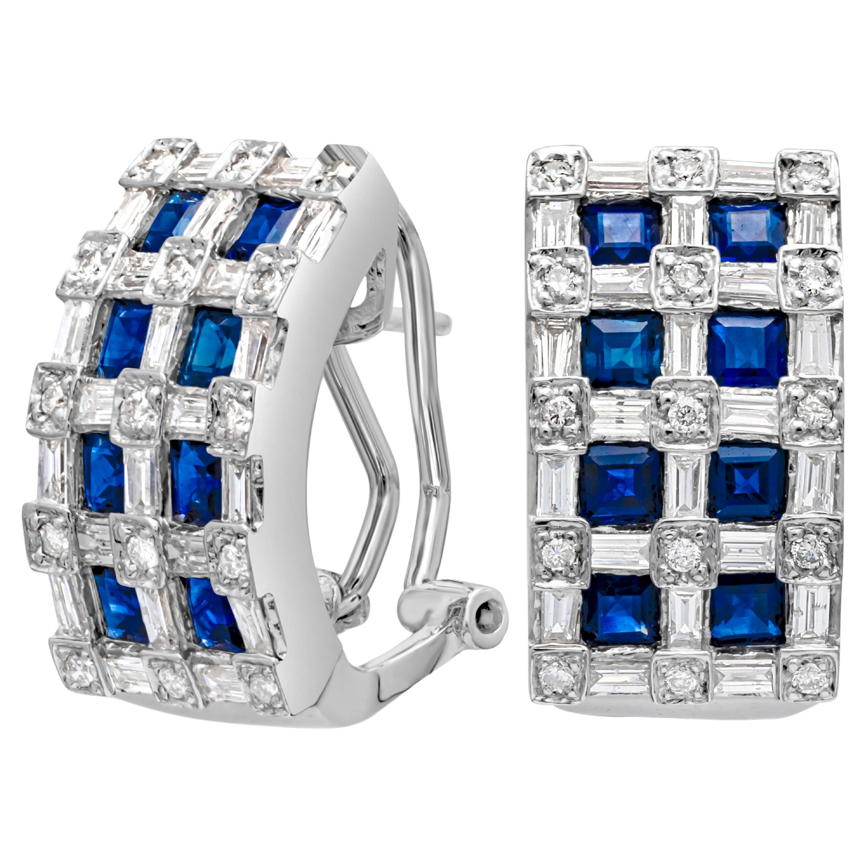 2.40 Carats Total Asscher Cut Blue Sapphire with Mixed Cut Diamond Hoop Earrings For Sale