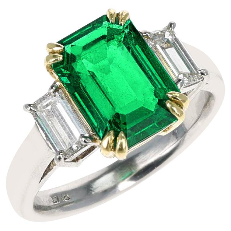 2.40 Ct. AGL Colombian Rectangular-Cut Emerald Engagement Ring with Diamonds For Sale