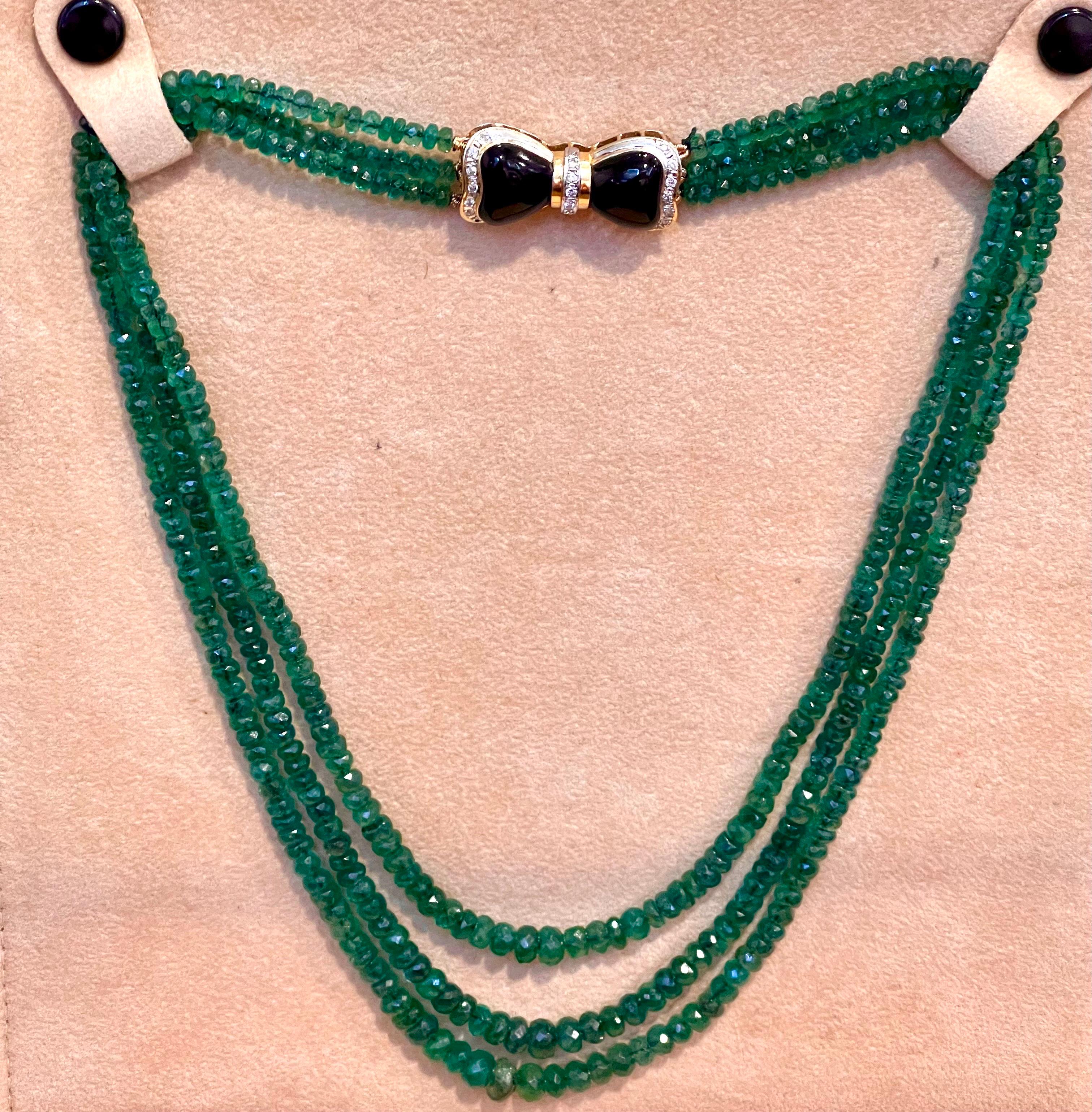 Women's 240 Ct Fine Natural Emerald Beads 3 Line Necklace with Black Onyx 14 Kt G Clasp