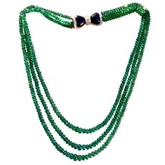 240 Ct Fine Natural Emerald Beads 3 Line Necklace with Black Onyx 14 Kt G Clasp