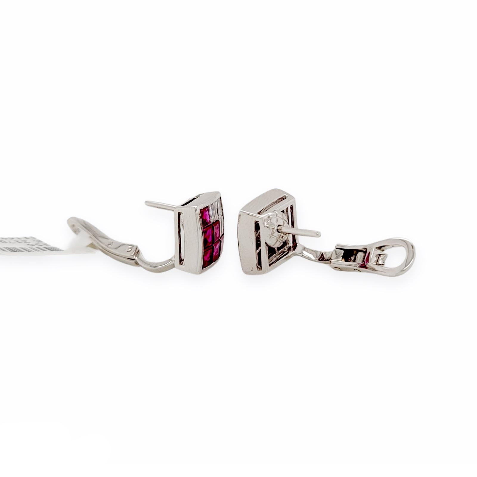 Baguette Cut 2.40 CT Natural Ruby & 0.90 CT Diamonds in 18K White Gold Omega Back Earrings For Sale