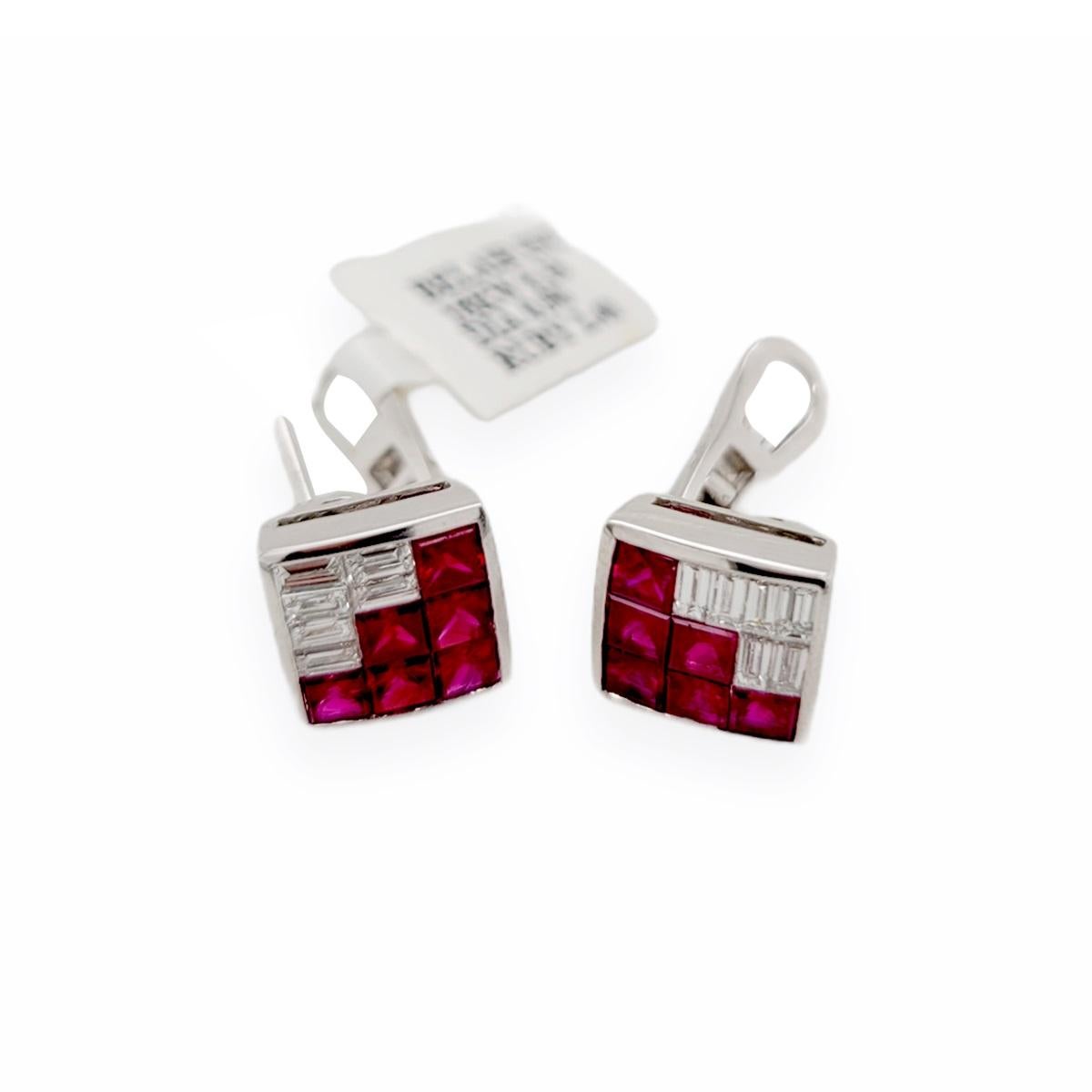 2.40 CT Natural Ruby & 0.90 CT Diamonds in 18K White Gold Omega Back Earrings In Excellent Condition For Sale In Los Angeles, CA