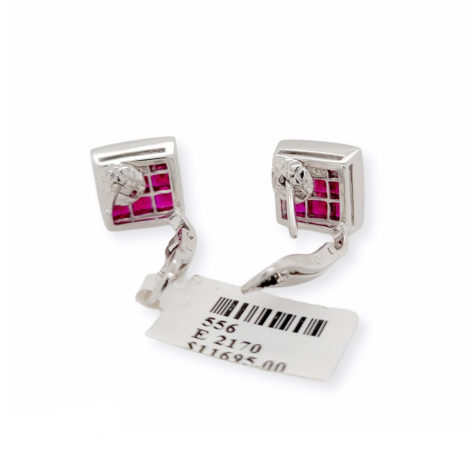 Women's or Men's 2.40 CT Natural Ruby & 0.90 CT Diamonds in 18K White Gold Omega Back Earrings For Sale