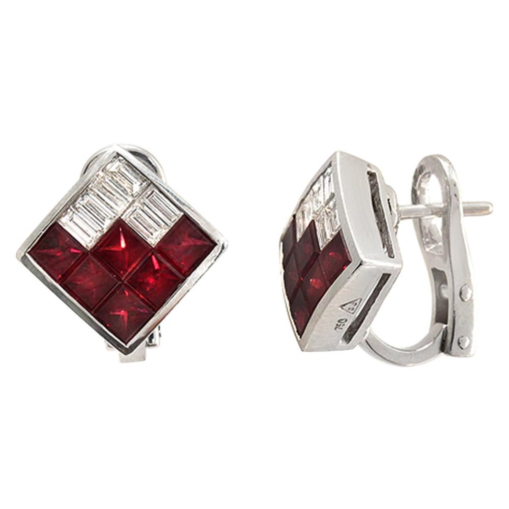 2.40 CT Natural Ruby & 0.90 CT Diamonds in 18K White Gold Omega Back Earrings For Sale