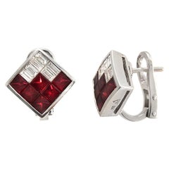 Used 2.40 CT Natural Ruby & 0.90 CT Diamonds in 18K White Gold Omega Back Earrings
