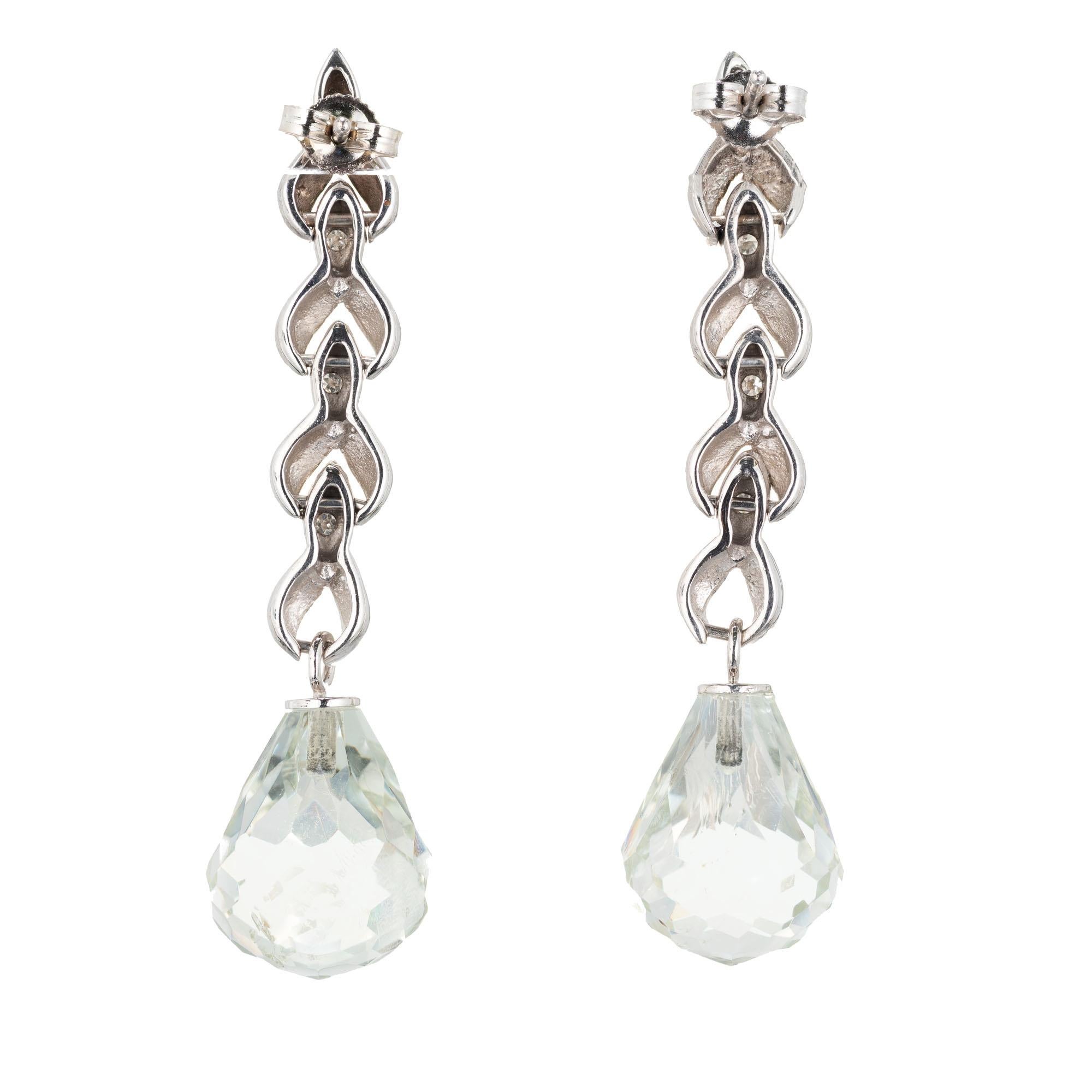 1940s Aqua and diamond dangle drop earrings. 14k white gold. Two briolette cut light green Quartz bottoms with natural inclusions with diamond accents. The briolette cutting catches and reflects the light. 

2 briolette cut natural Quartz, approx.