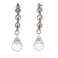 24.00 Carat Green Briolette Quartz Diamond Gold Dangle Drop Earrings