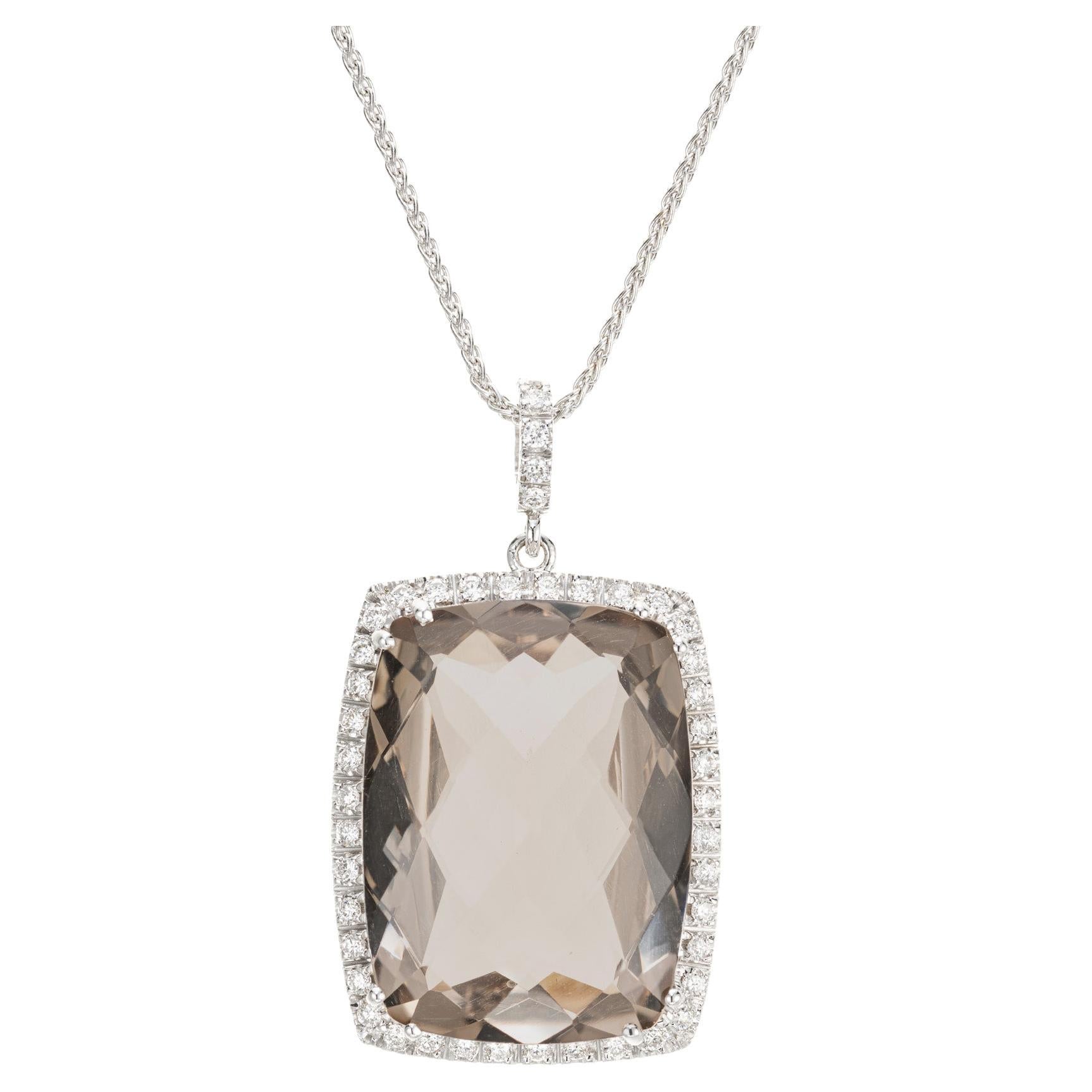 24.00 Carat Smoky Cushion Quartz Diamond Halo White Gold Pendant Necklace For Sale