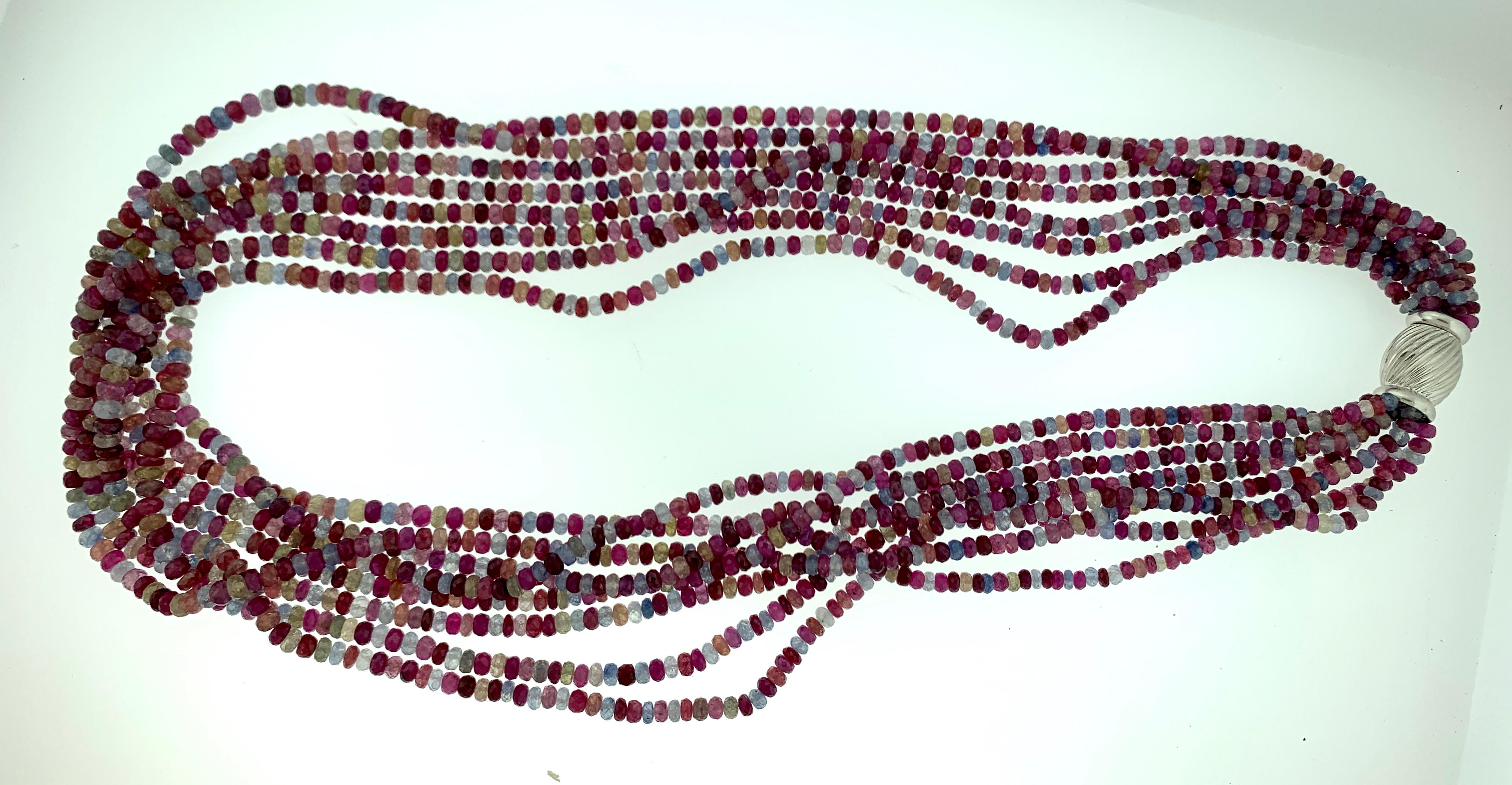 2400 Carat 8 Layer Natural Multi Sapphire Fine Bead Necklace 18 Karat Gold Clasp In Excellent Condition For Sale In New York, NY