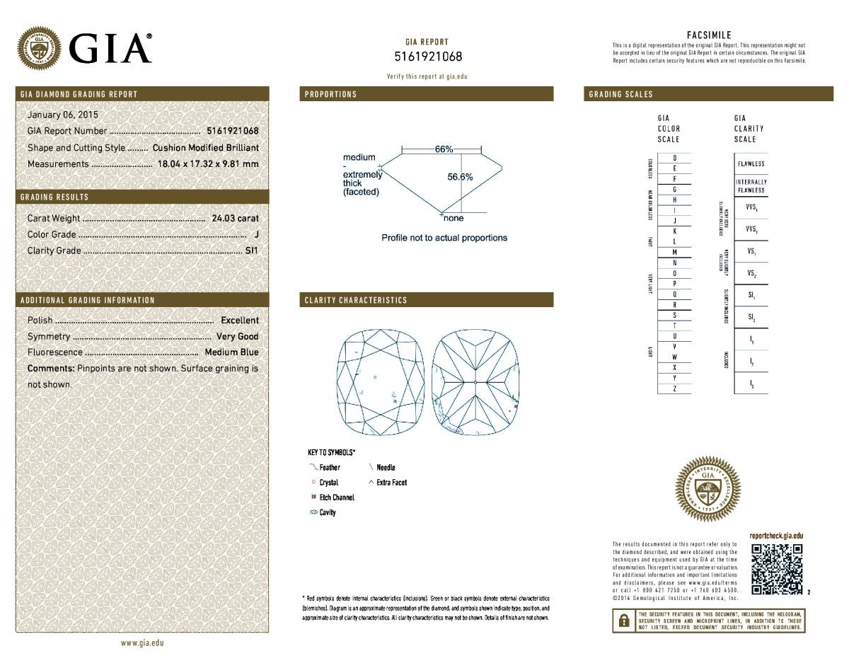 Anello di fidanzamento con diamante taglio cuscino da 24,03 carati In condizioni Nuovo in vendita a New York, NY