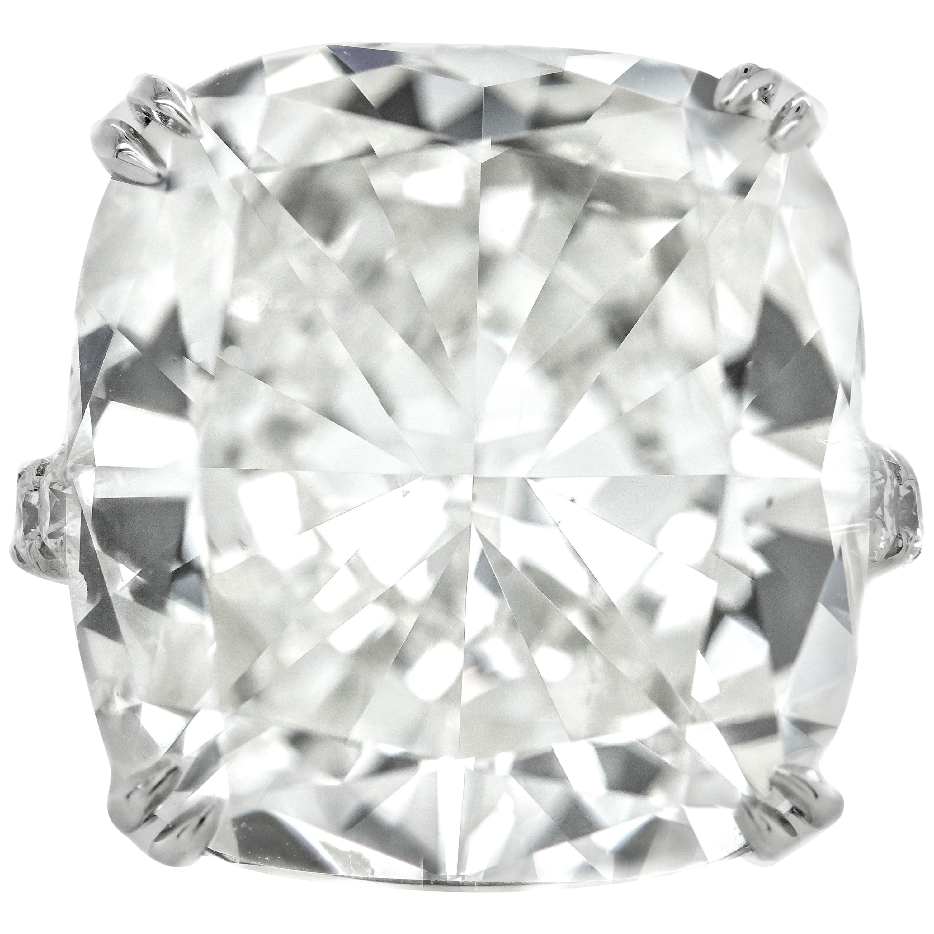 The most exceptional diamond piece designed by Diana M. 
This Magnificent cushion cut brilliant diamond ring is the Highlight of the Diana M. Jewels Spring Collection, a 24.03 Carat J Color, SI1 in Clarity cushion brilliant set into a Platinum Ring